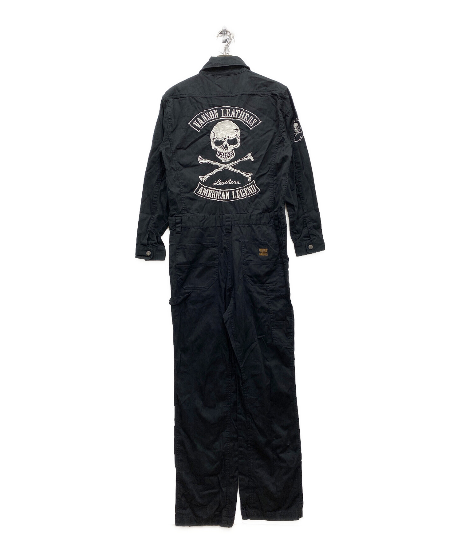 Vanson つなぎ　オールインワン　オーバーオールM 黒 中古・古着通販】VANSON (バンソン) スカル刺繍 オールインワン つなぎ