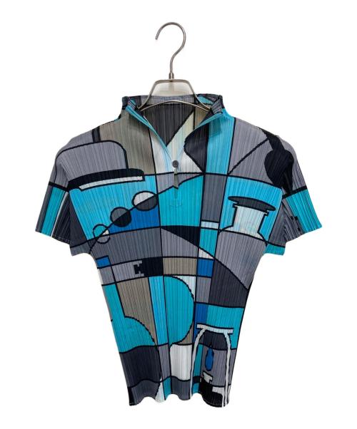 PLEATS PLEASEプリーツプリーズ　総柄　ブラウス　ブルー　半袖サイズ3 PLEATS PLEASEプリーツプリーズ 総柄 ブラウス ブルー 半袖サイズ3