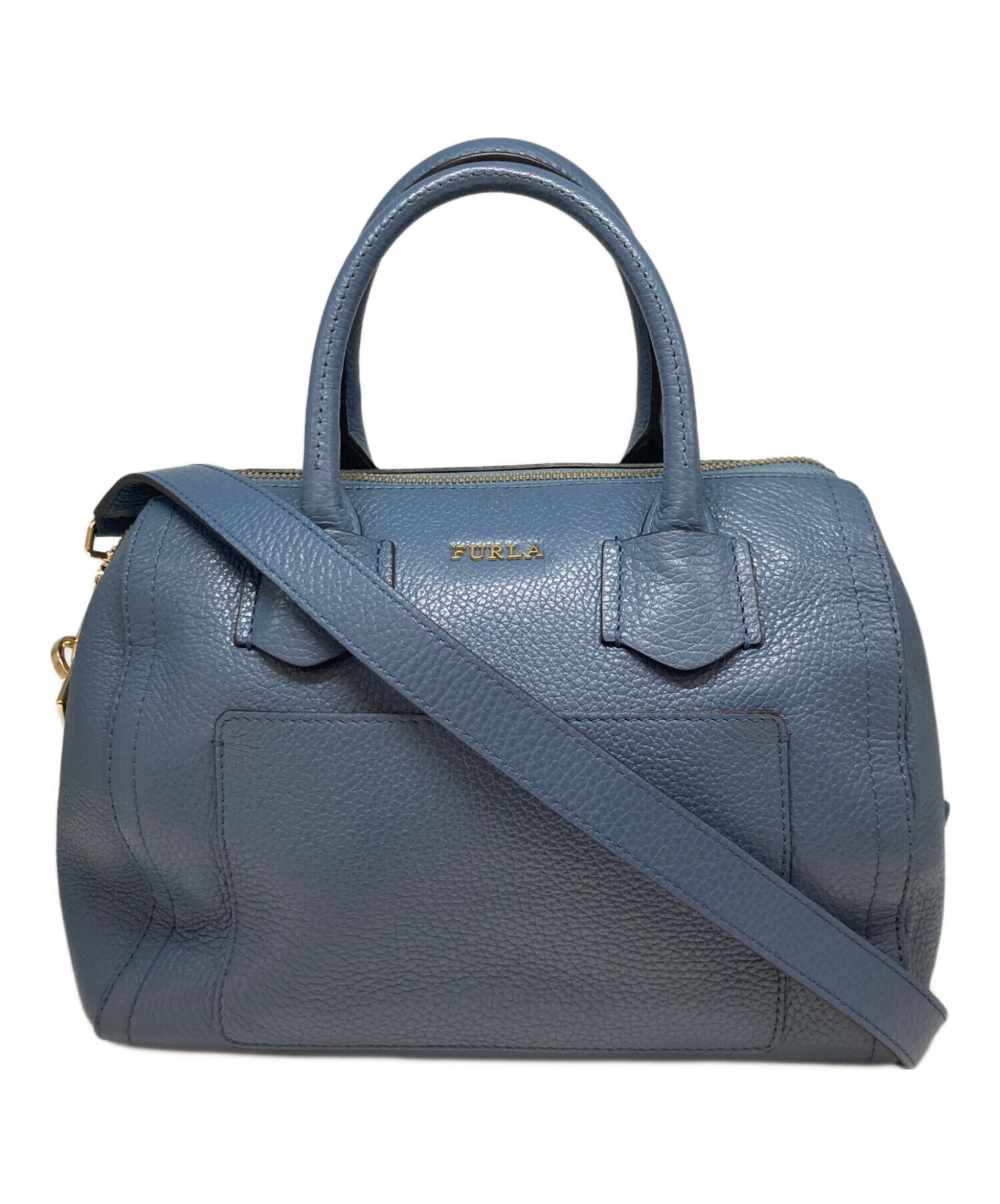 美品 Furla フルラ アルバ サッチェル 2way ブルー ゴールド金具