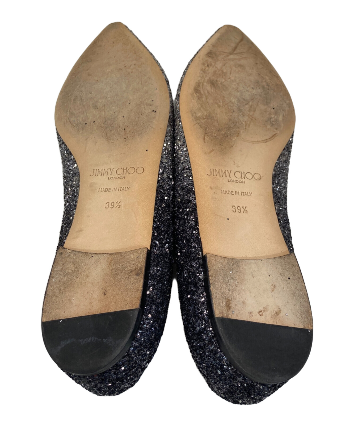 JIMMY CHOO ブラック グリッター フラットシューズ 39 中古・古着通販】JIMMY CHOO (ジミーチュウ) グリッターフラット