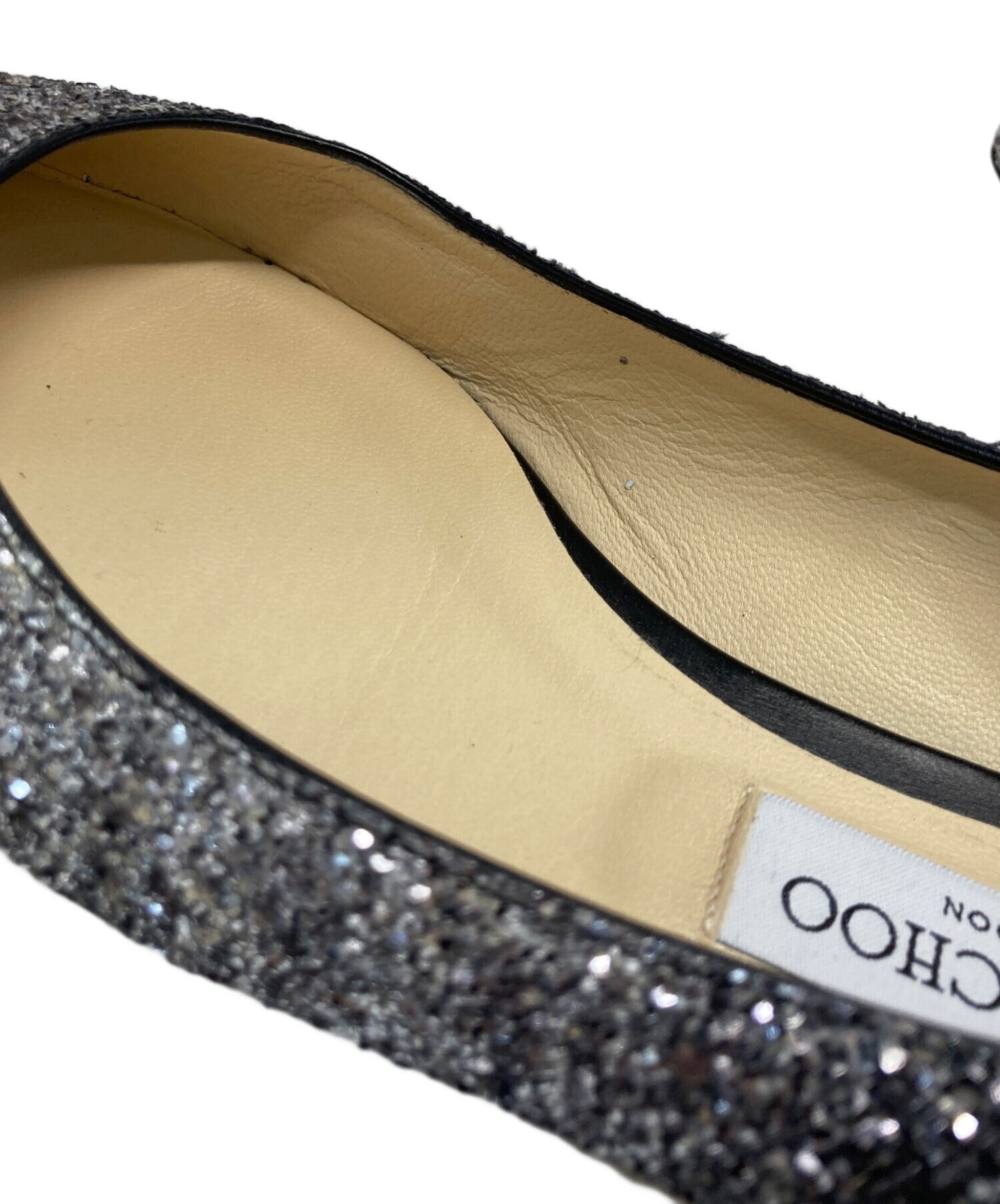 JIMMY CHOO ブラック グリッター フラットシューズ 39 中古・古着通販】JIMMY CHOO (ジミーチュウ) グリッターフラット