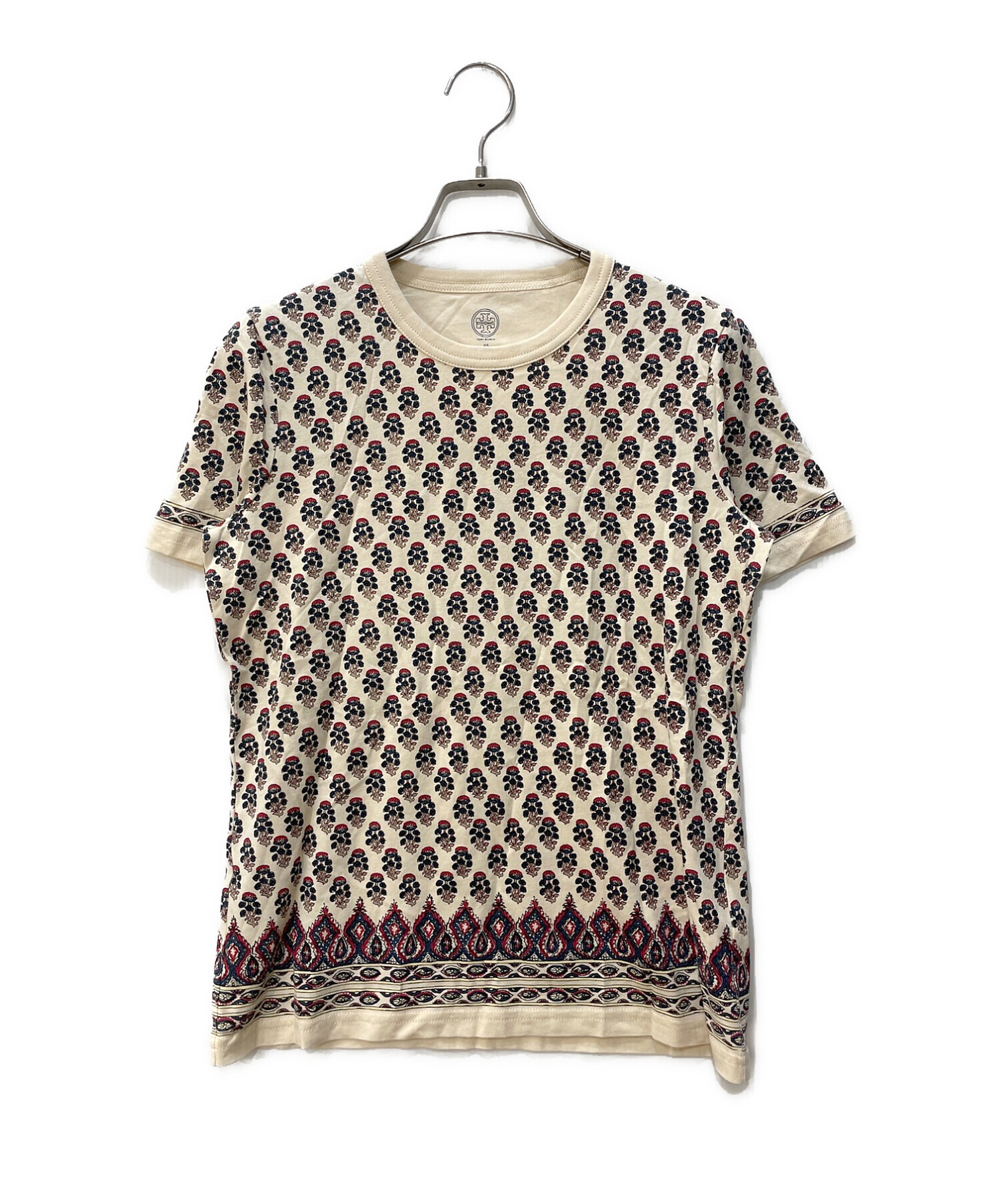未使用 TORY BURCH トリーバーチ タイル柄 半袖 カットソー Tシャツ S ホワイト ブルー レディース 古着 中古 USED Tory Burch - TORY BURCH トリーバーチ Tシャツ・カットソー XS 白