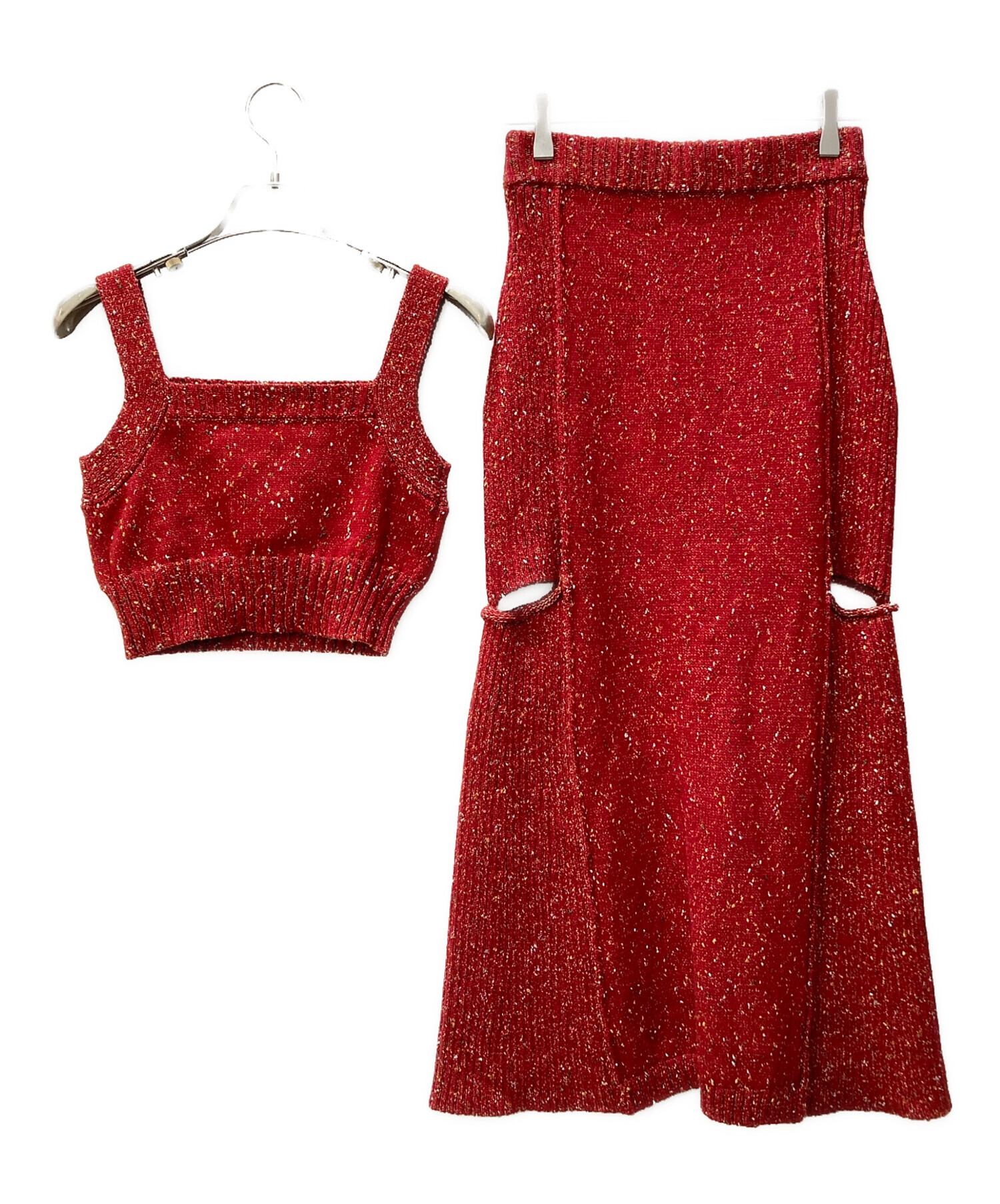 PINUE カラーネップリブニットトップス　RED 中古・古着通販】pinue (ピヌエ) カラーネップニットセットアップ