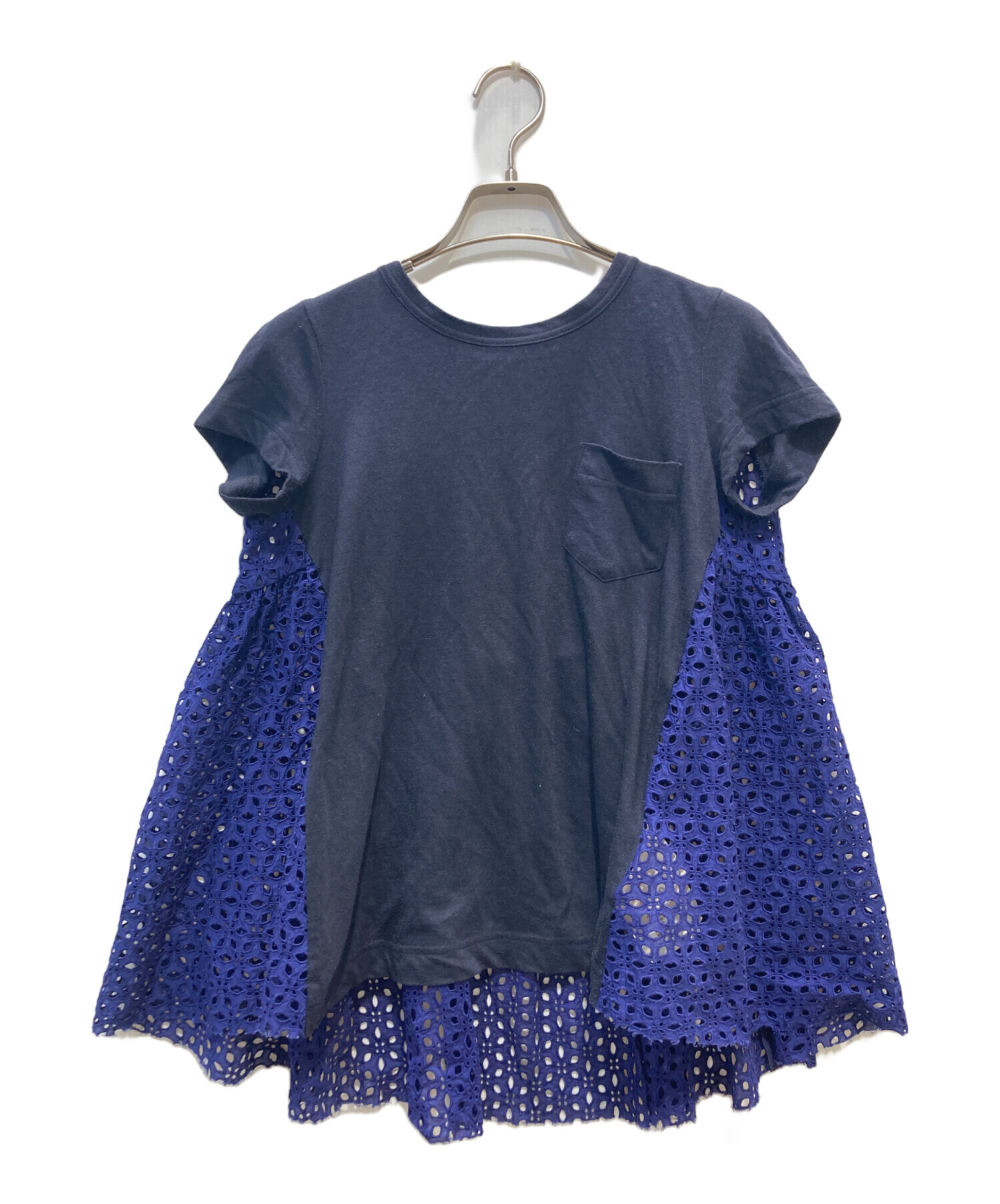 sacai サカイ カットワークレースアップ フレアTシャツ ネイビー リネン 中古・古着通販】sacai (サカイ) レース切替tシャツ ネイビー サイズ:1