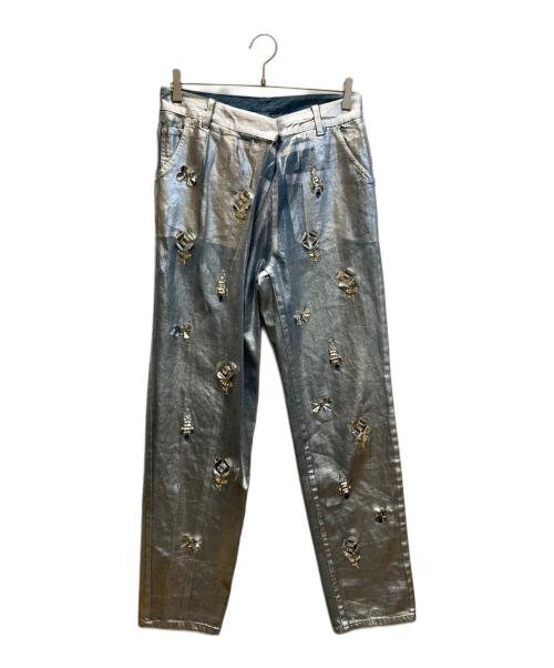 MUVEIL シルバー加工 装飾 デニム ビジュー 蝶 バタフライ 銀箔 ブルー