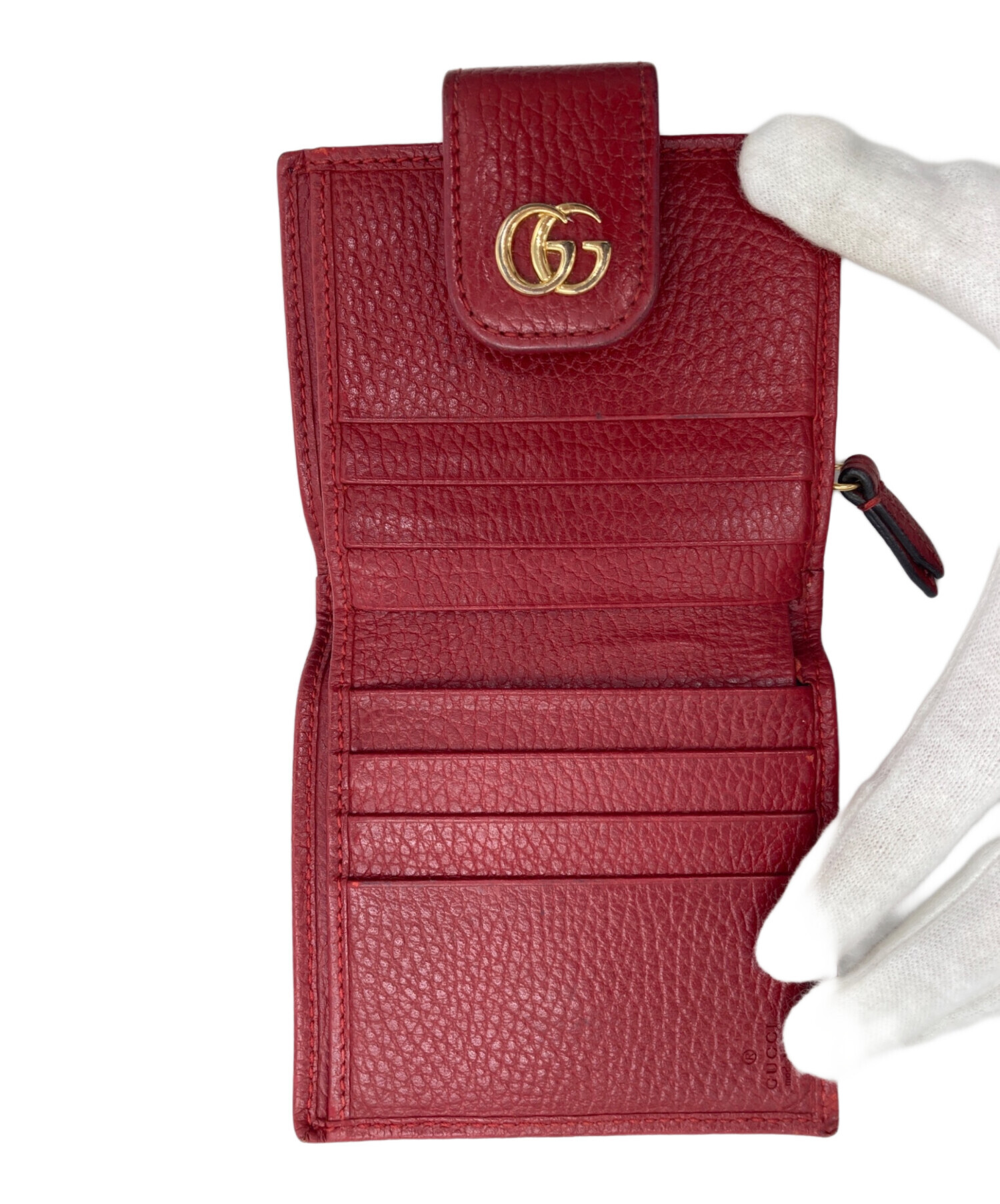 GUCCI グッチ マーモント 2つ折り財布 レッド　レザー 中古・古着通販】GUCCI (グッチ) GGマーモント 二つ折り財布 レッド