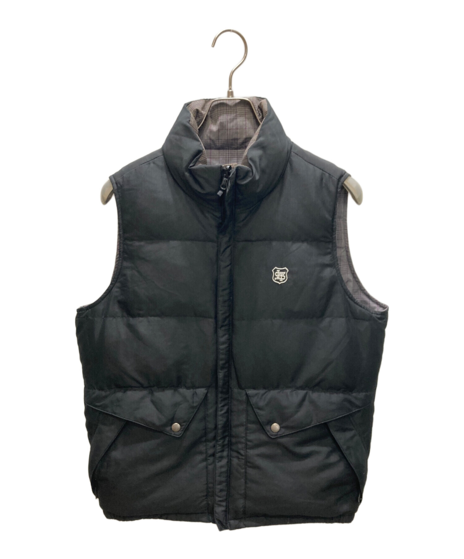 2WAY ダウンベスト Stussy ヘリンボーン モノグラム　グレー　Mサイズ 中古・古着通販】stussy (ステューシー) ダウンベスト グレー×ブラック