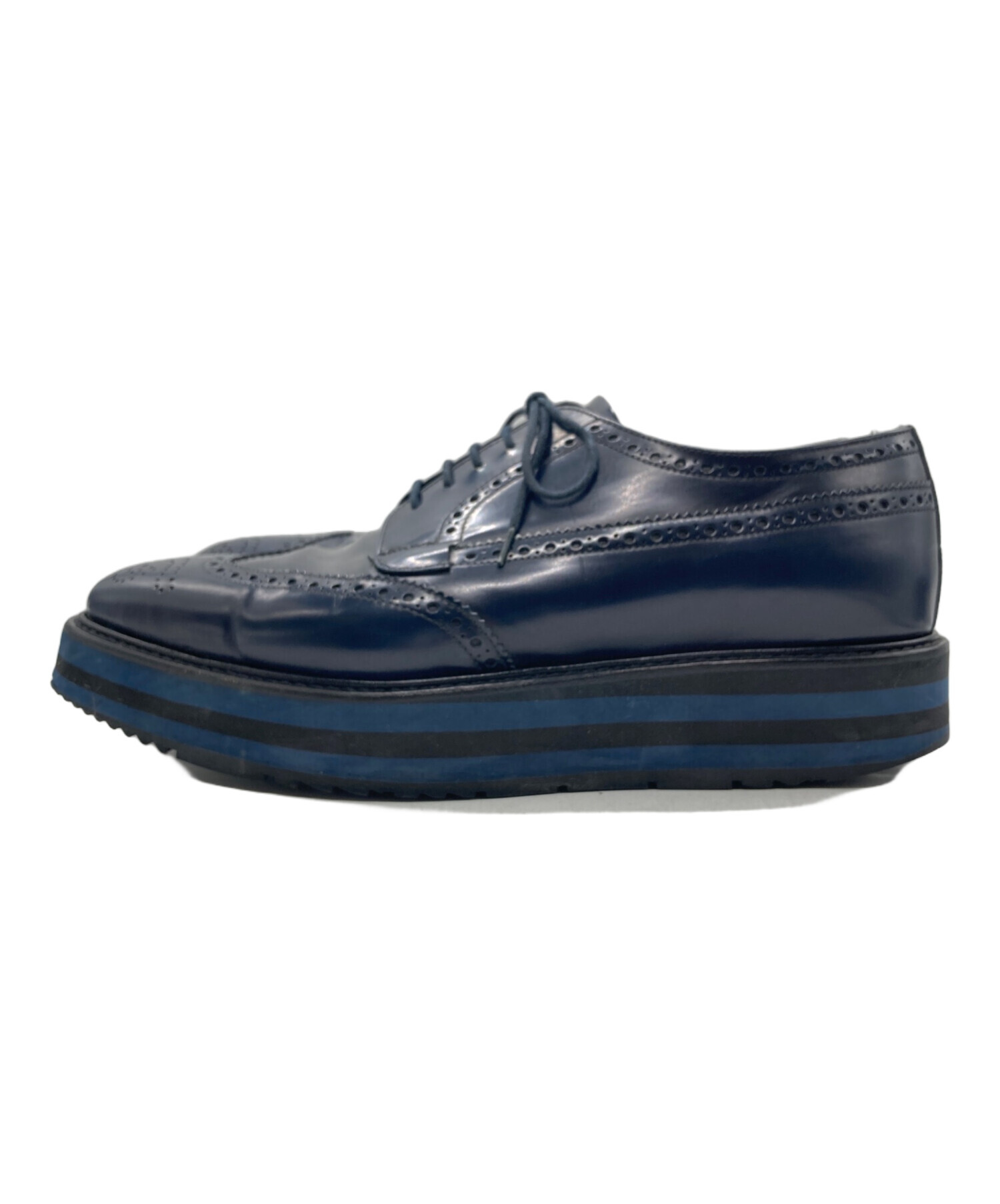 プラダ フラットシューズ ネイビー 中古・古着通販】PRADA (プラダ) ウィングチップレースアップシューズ