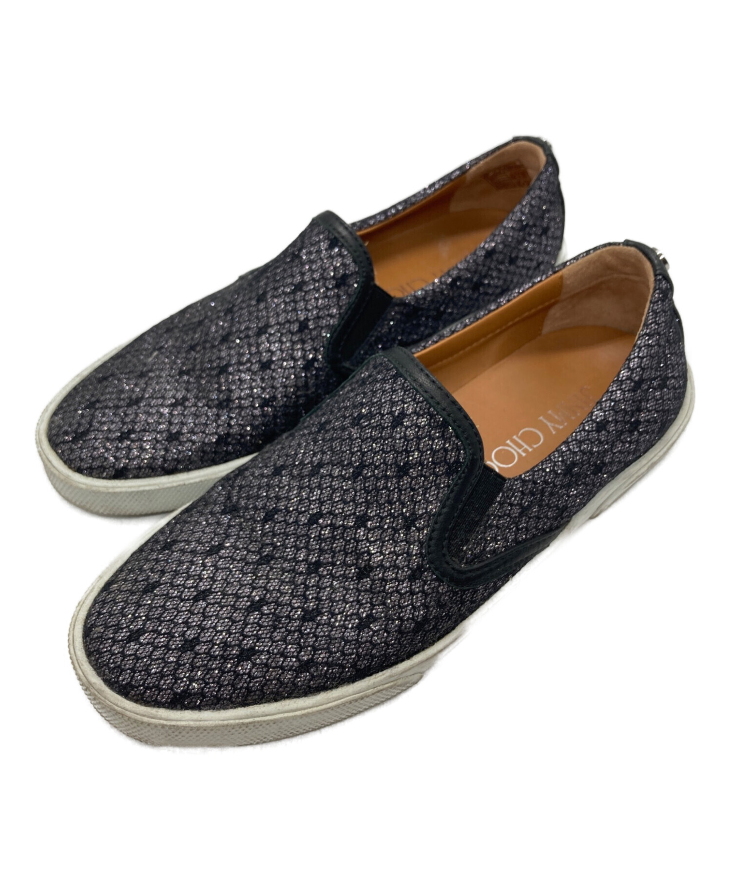 ジミーチュウJIMMY CHOOグリッターラメフラットスリッポンシューズブラック 中古・古着通販】JIMMY CHOO (ジミーチュウ) ラメスリッポン ブラック