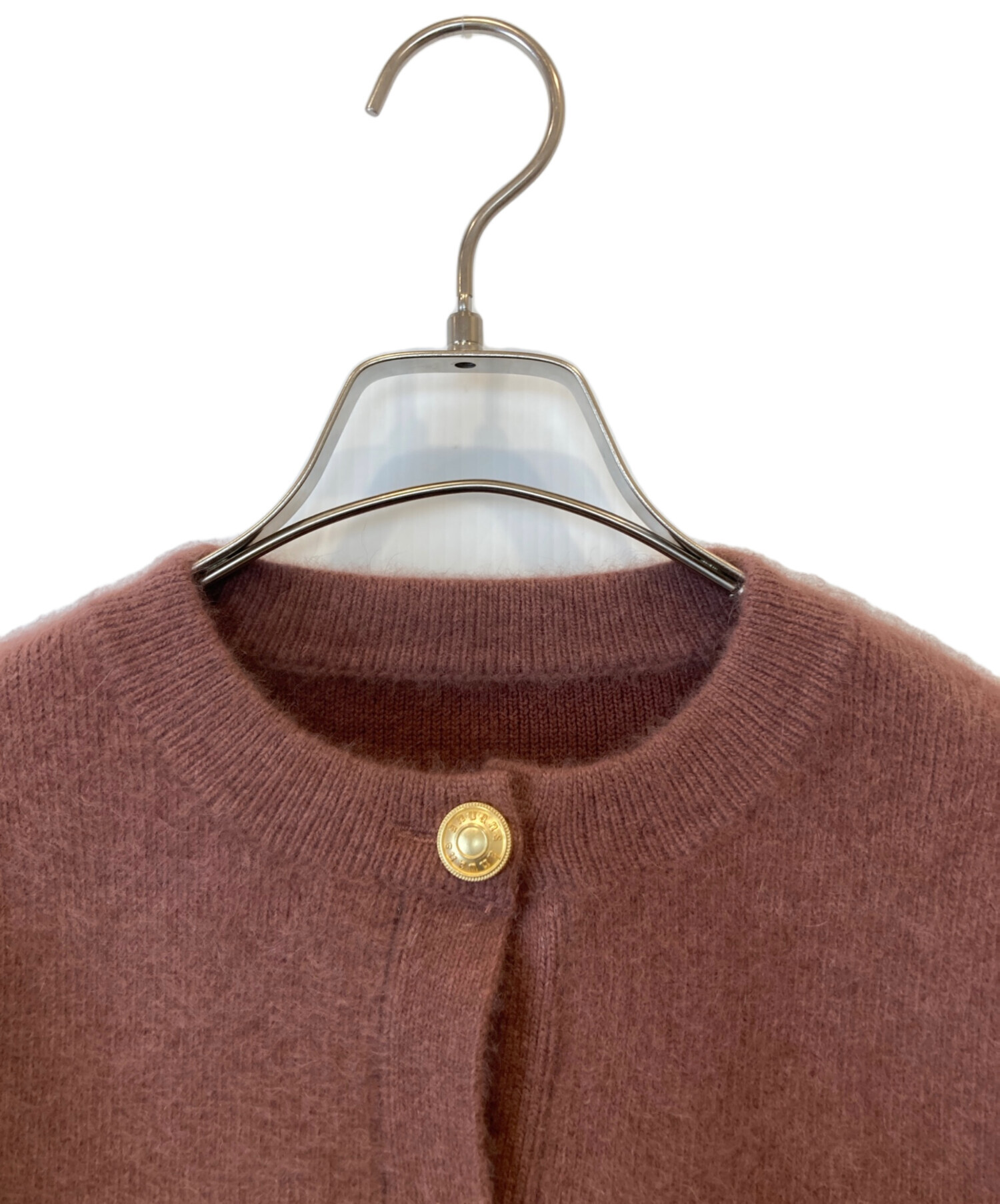 値下げanuans ラクーンニットジャケット　ダークピンク アニュアンス anuans ラクーンブレンドノーカラーニットジャケット