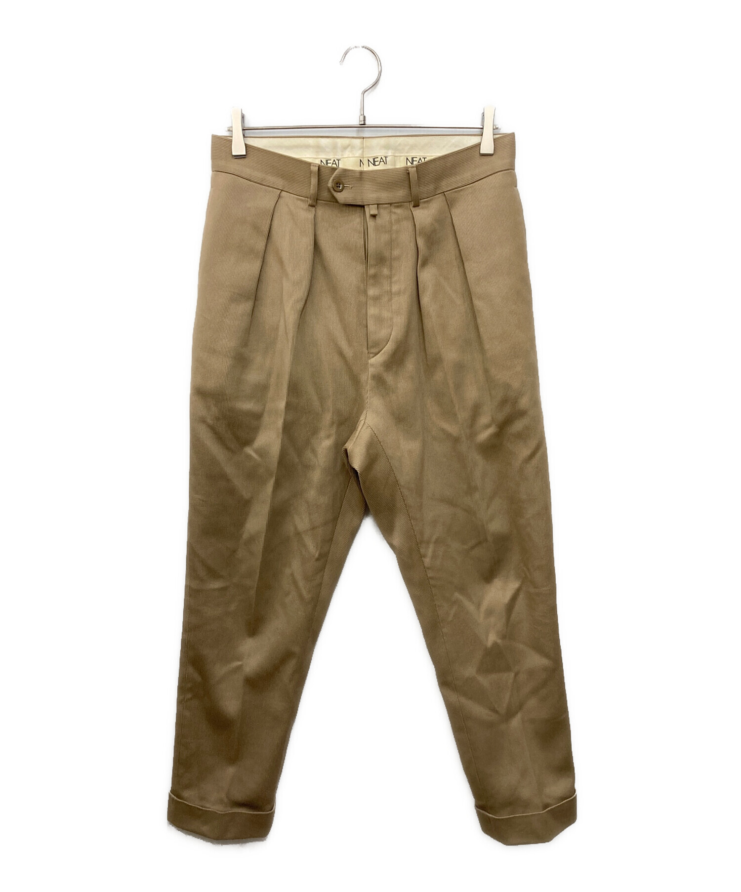 古着 00s リネン パンツ 3タック ワイド スラックス 極太 ベージュ