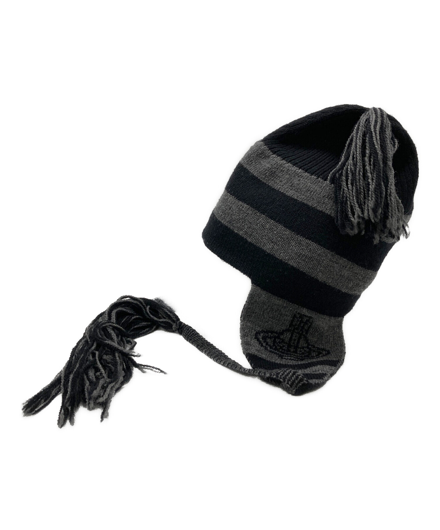 ヴィヴィアンウエストウッド 耳あて付き ニット帽子 フリンジ ブラック×グレー 中古・古着通販】Vivienne Westwood (ヴィヴィアンウエストウッド