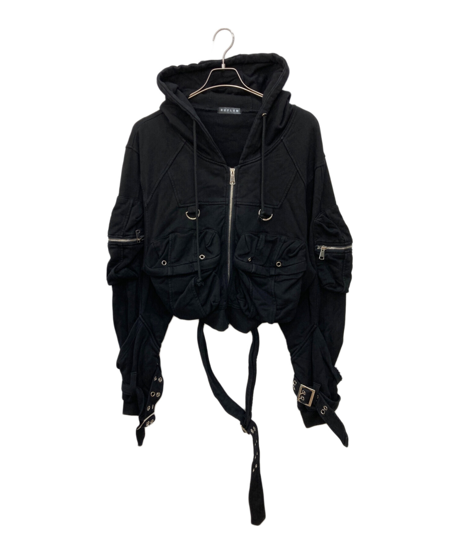 【美品/廃版】REFLEM パーカー ブラック ベルト装飾 中古・古着通販】REFLEM (レフレム) ベルト付きクロップカーゴZIP