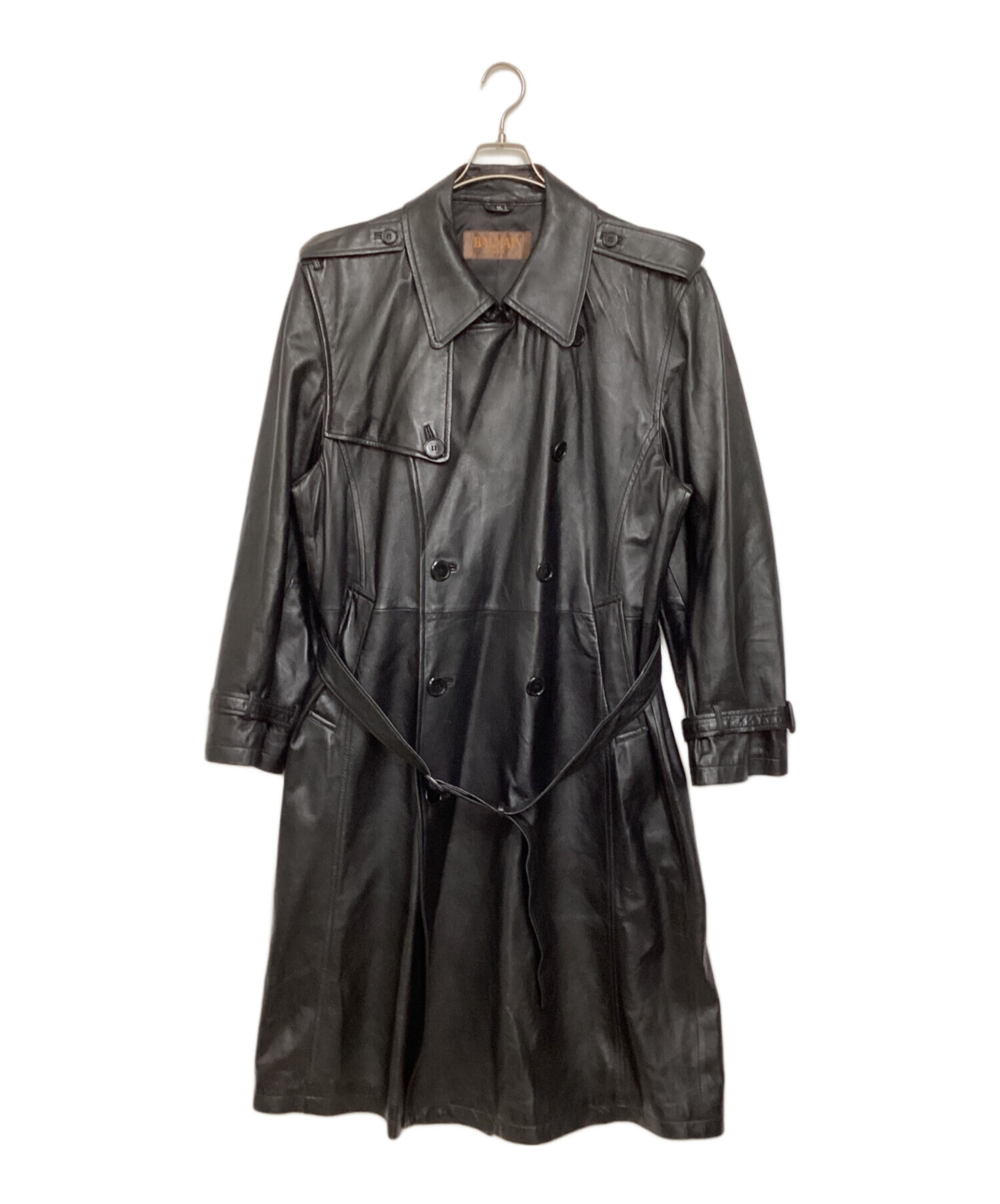 バルマン【BALMAIN】 レザートレンチコート ブラック L 羊革 ロング 