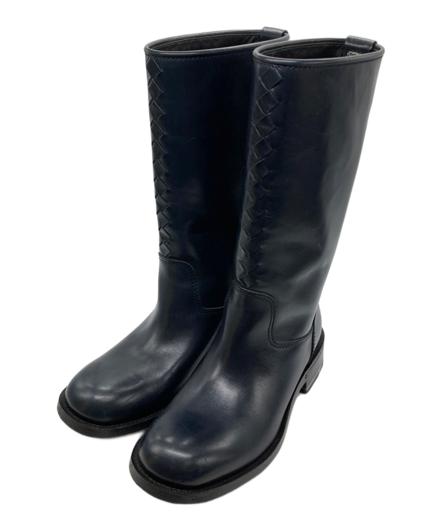 ボッテガべネタロングブーツ Bottega Venetaブラックレザー編み込み