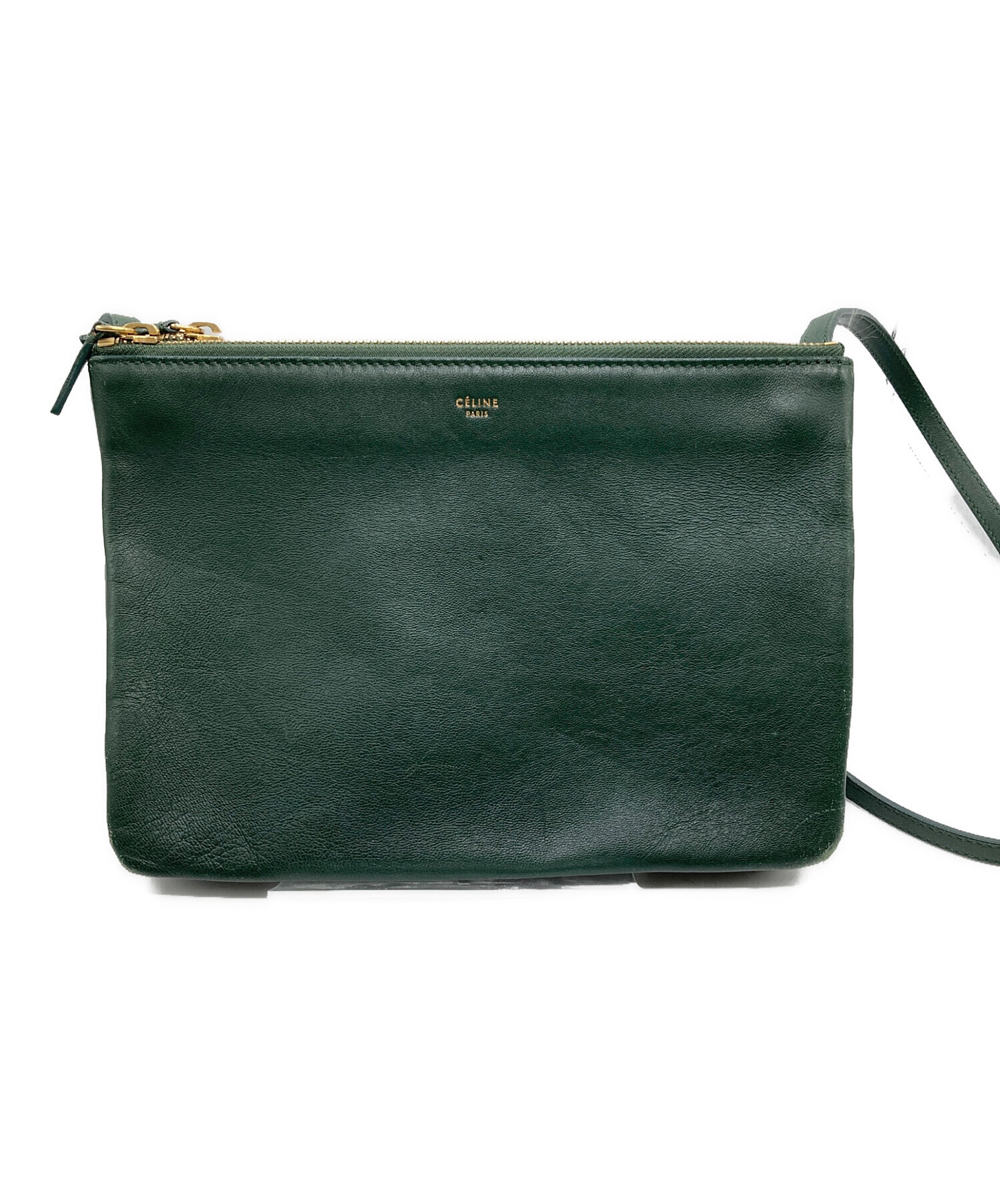 【CELINE】ショルダーバッグ　トリオ　レザー　グリーン　ロゴ刻印. 中古・古着通販】CELINE (セリーヌ) トリオラージショルダーバッグ