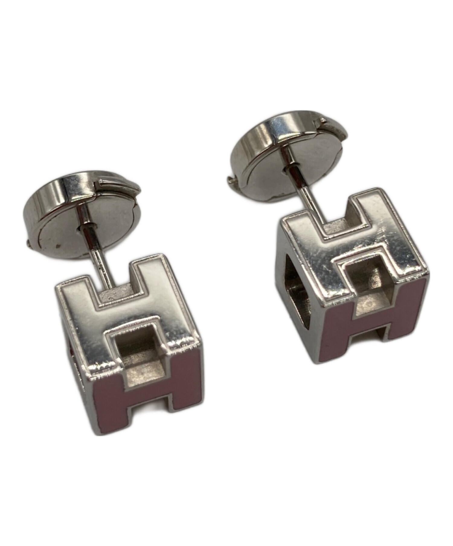 中古・古着通販】HERMES (エルメス) Hキューブピアス ピンク×シルバー 