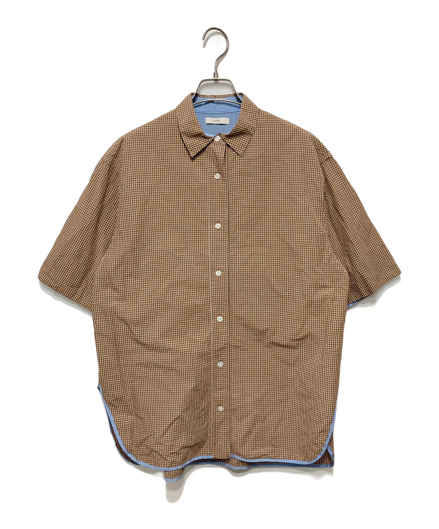 yori ステンカラーオーバーチェックシャツ ブラウン 新品・未使用・タグ付 中古・古着通販】yori (ヨリ) ステンカラーオーバーチェックシャツ