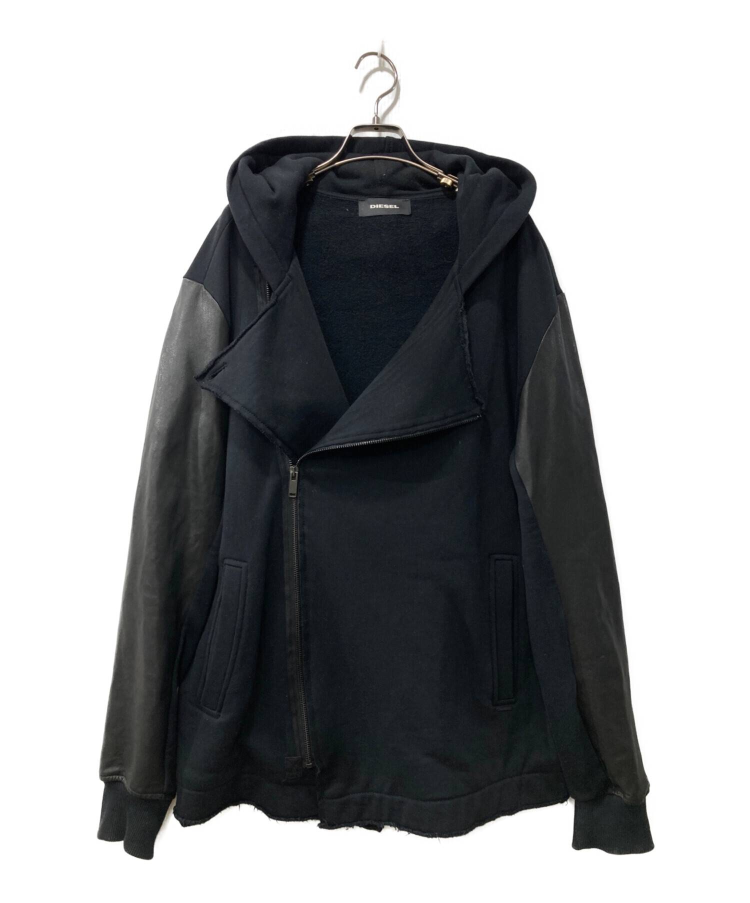 DIESEL ブラック レザー切り替え　フード付きパーカー 中古・古着通販】DIESEL (ディーゼル) 切替パーカー ブラック サイズ