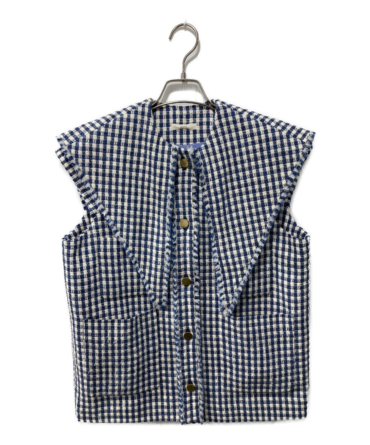 yori サニーツイードジレ 36 ネイビー ブルー 中古・古着通販】yori (ヨリ) 25SS/セーラーリボンギンガムツイード