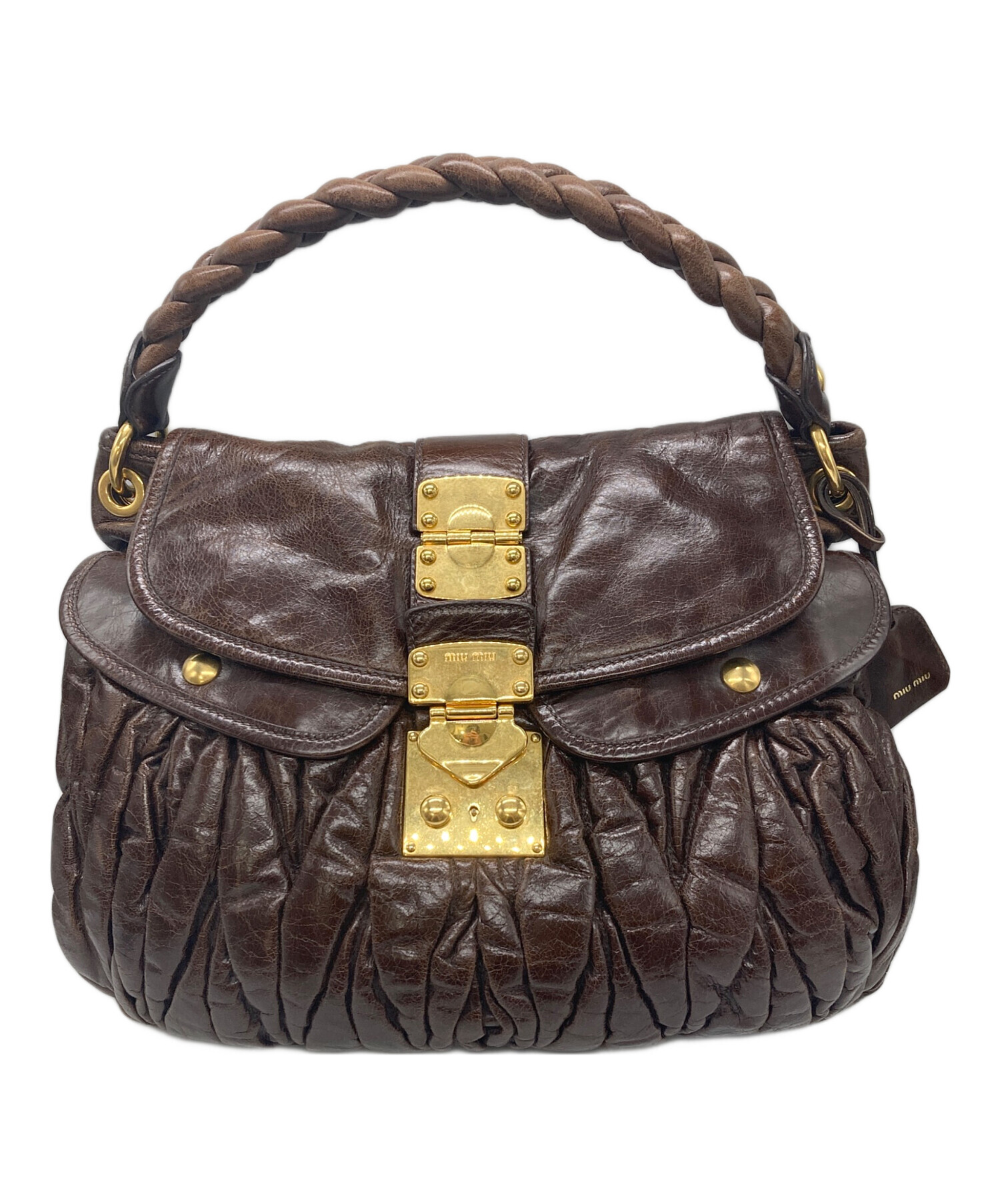 本物 ミュウミュウ MIU MIU マテラッセ 2WAY ショルダーバッグ ハンドバッグ ポシェット レザー ブラウン Matelasse バッグ 中古 miu miu（ミュウミュウ） マテラッセ 2wayハンド ショルダー バッグ