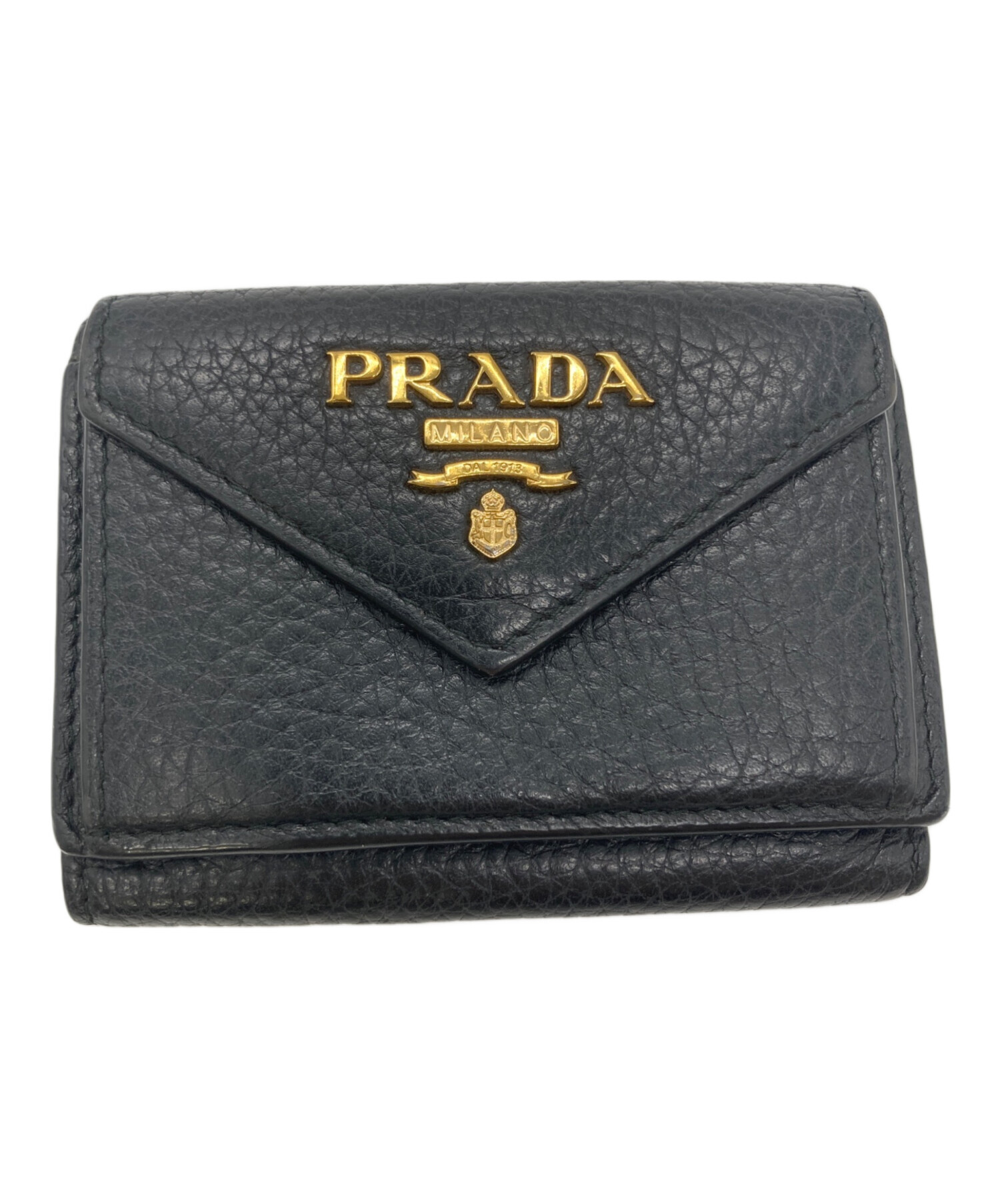 極上美品⭐️PRADA プラダ 三つ折り シボ革 ゴールド金具 財布 レザー 中古・古着通販】PRADA (プラダ) シボ革3つ折り財布 ブラック