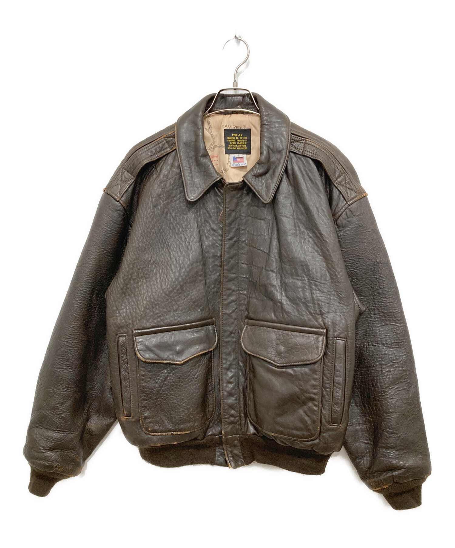 AVIREX A-2 襟レザー フライトジャケット 希少 ブラウン XL程 希少超レアAVIREX A-2 馬革 USAフライトジャケット レザー
