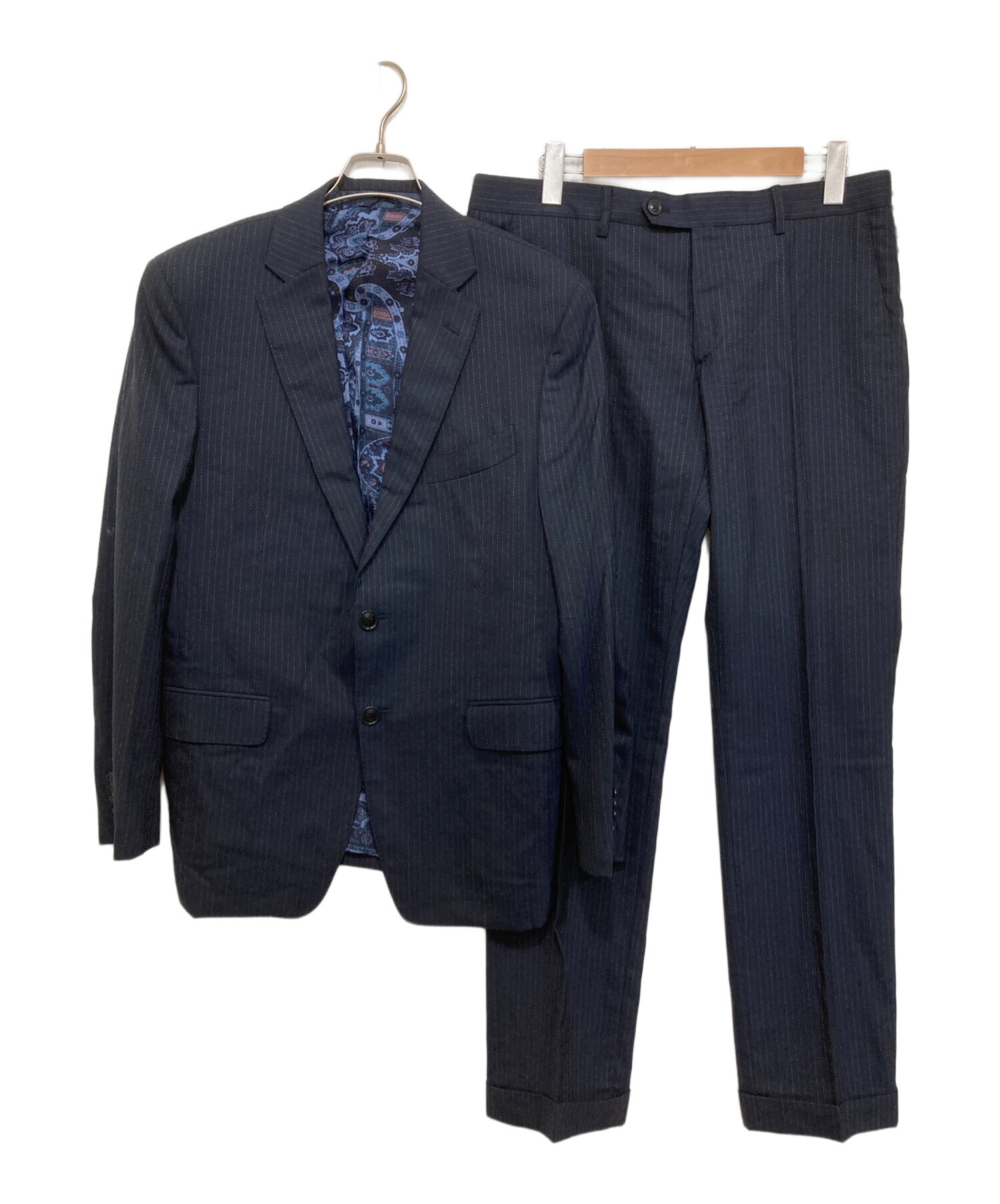 未使用品級 現行 ETRO スーツ セットアップ 46 ネイビー チェック エトロ セットアップスーツ ETRO ウールシルク チェック柄 ネイビー 46