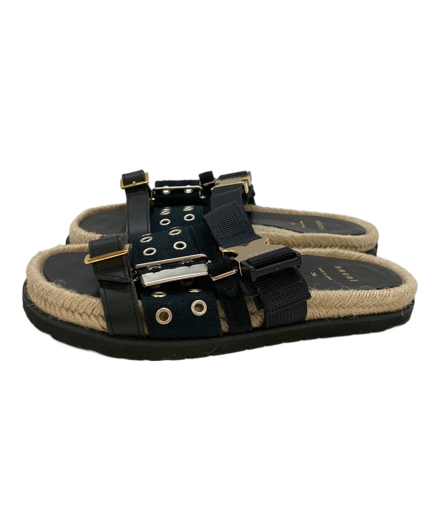 国内正規品 sacai サカイ 革ベルト 黒 ブラック 中古・古着通販】sacai (サカイ) バックルベルトフラットサンダル