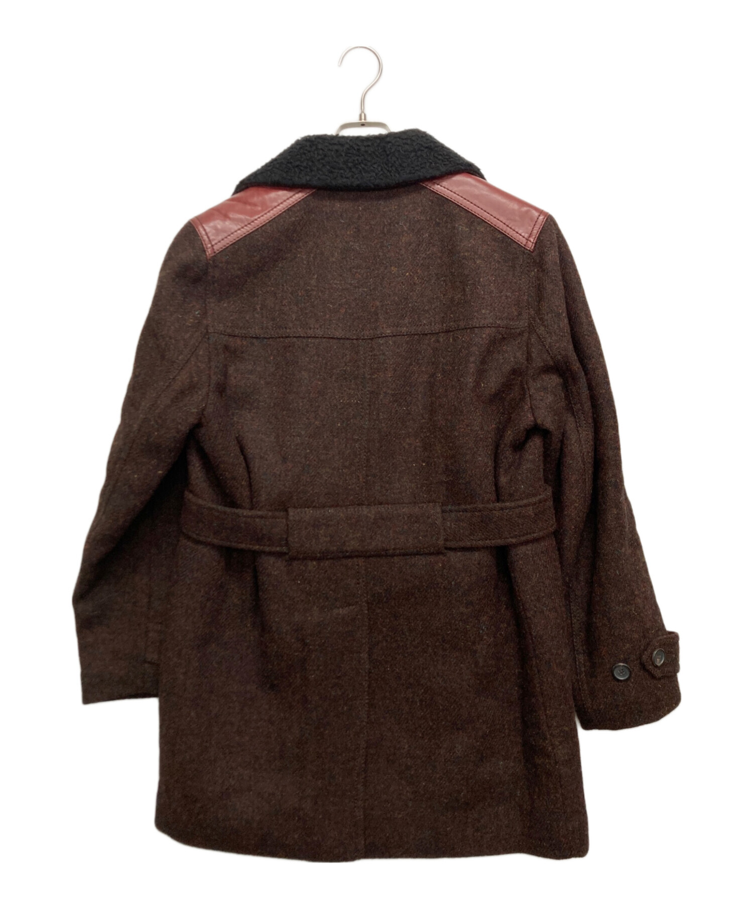 PRADA ブラウンツイードロングコート 中古・古着通販】PRADA (プラダ) レザー切替ツイードコート ブラウン