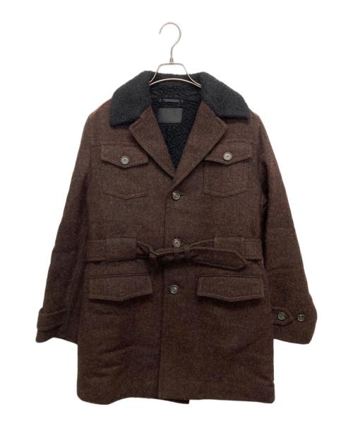 PRADA ブラウンツイードロングコート 中古・古着通販】PRADA (プラダ) レザー切替ツイードコート ブラウン