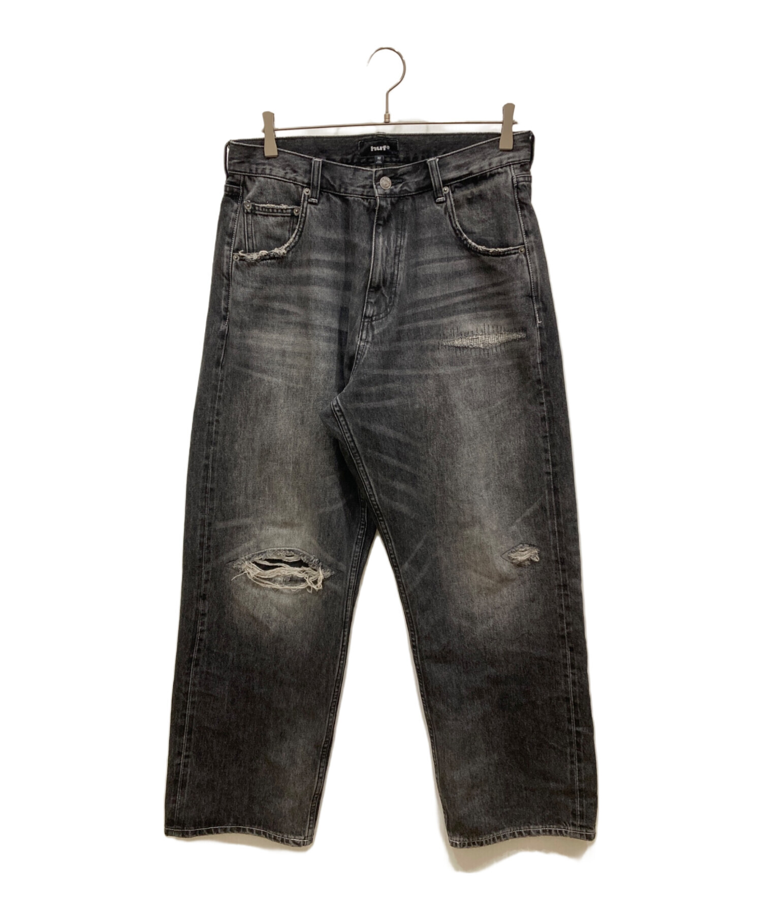 中古・古着通販】HUF (ハフ) ダメージリペア加工デニムパンツ ブラック 