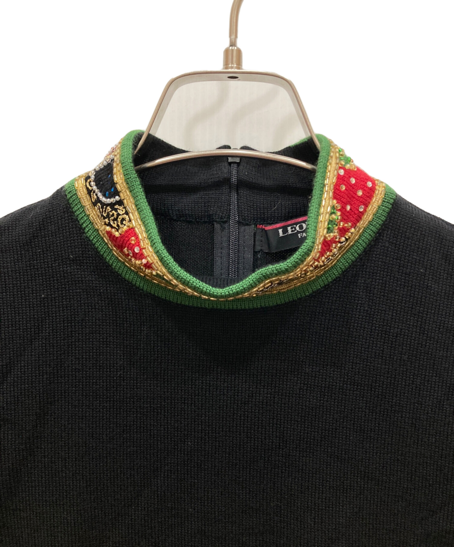 中古・古着通販】LEONARD (レオナール) ビジュー半袖ニット ブラック