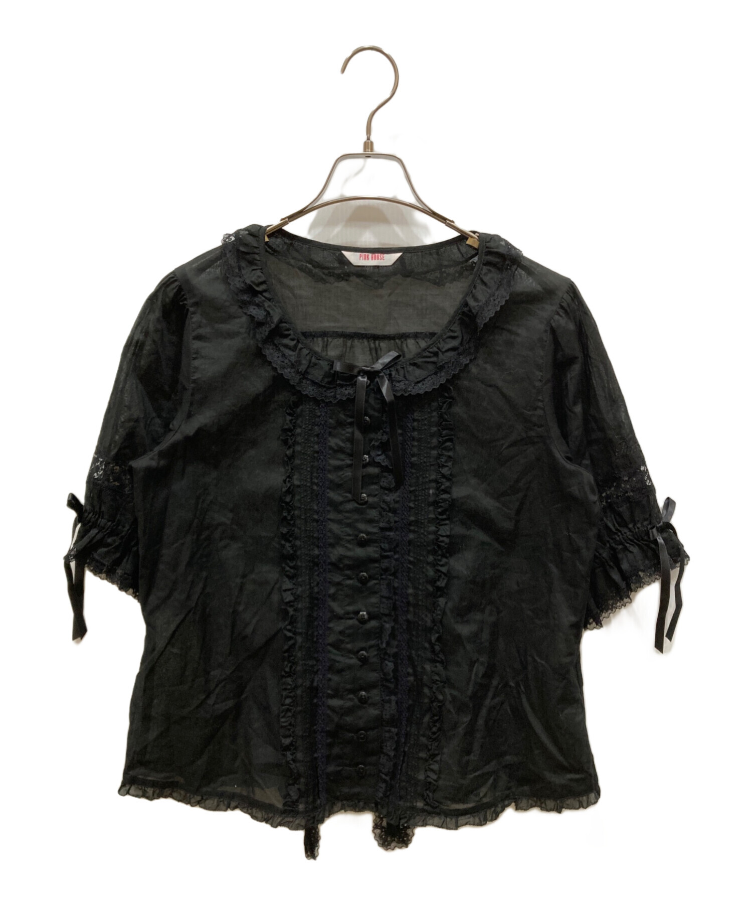 美品 PINK HOUSE ピンクハウス 七分袖 総レース ブラウス シャツ ブラック レディース 古着 中古 USED 中古・古着通販】PINK HOUSE (ピンクハウス) 天日干し風ビンテージ