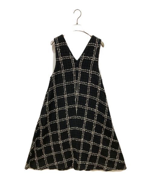 BEARDSLEY ビアズリー ツイード フレア ワンピース ブラック 中古・古着通販】BEARDSLEY (ビアズリー) チェックツイードフレアー