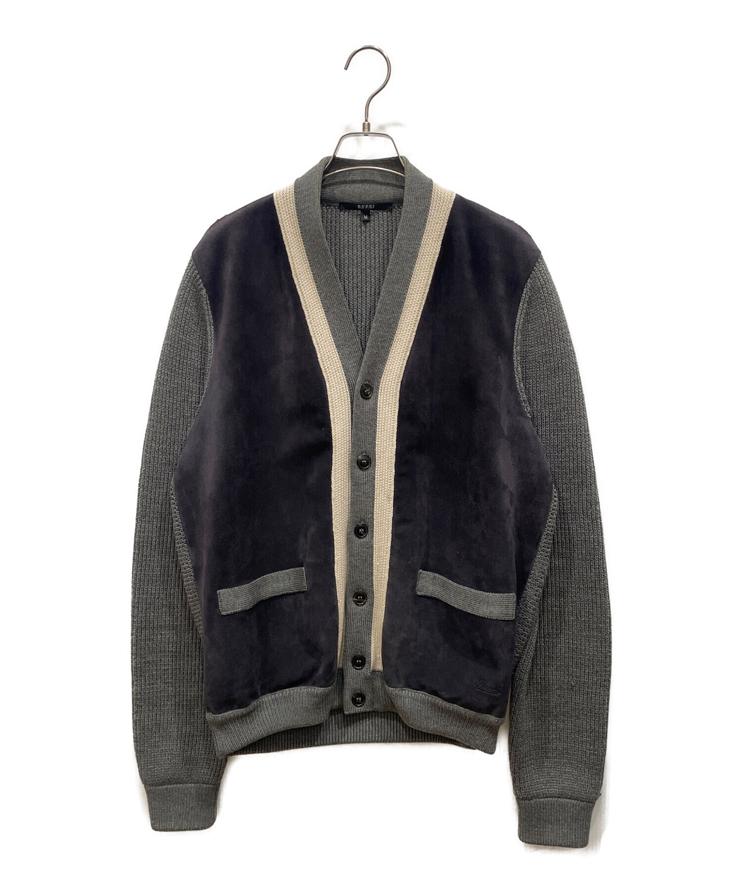 中古・古着通販】GUCCI (グッチ) レザー切替ウールカーディガン グレー