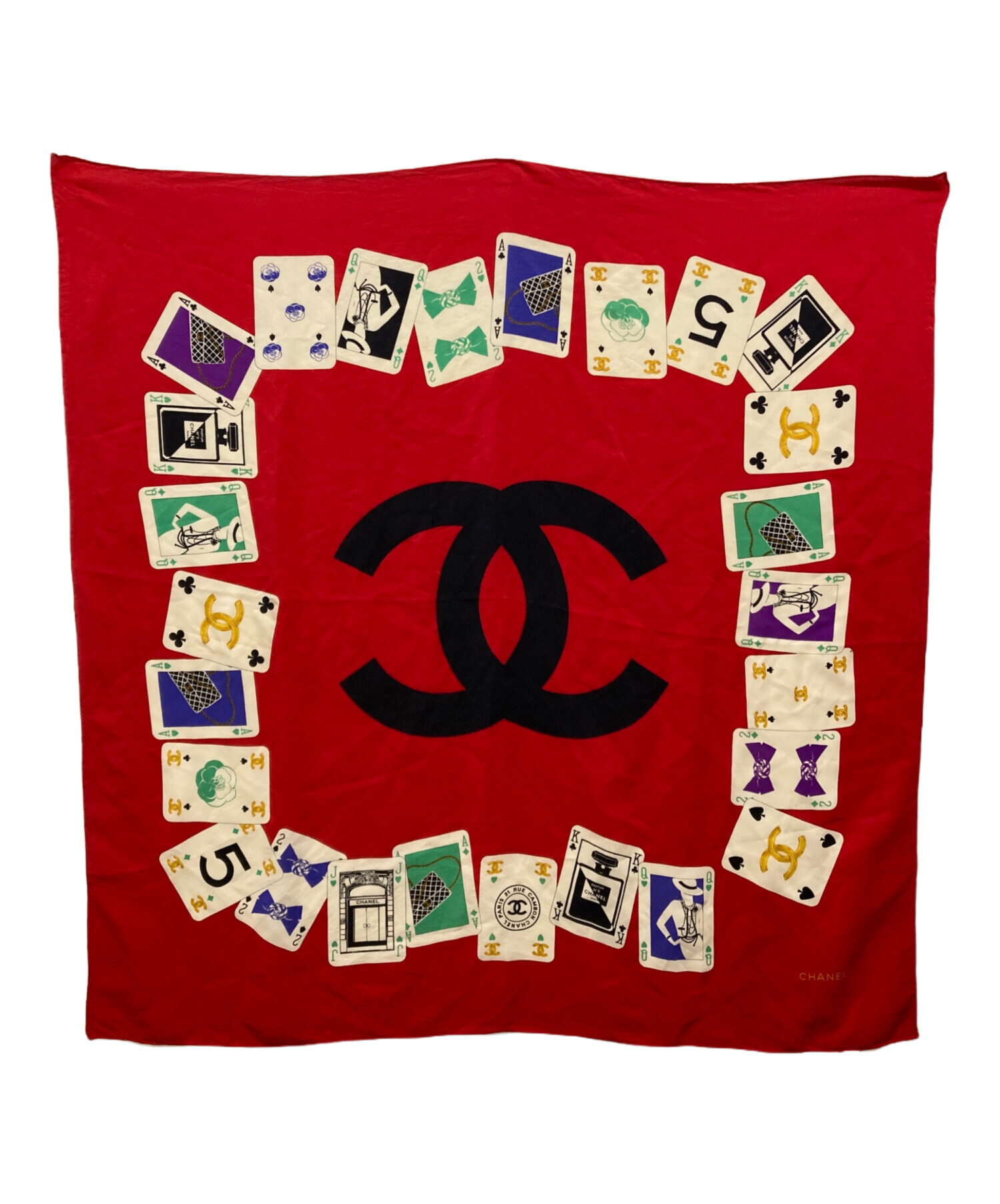 中古・古着通販】CHANEL (シャネル) トランプ柄シルクスカーフ レッド