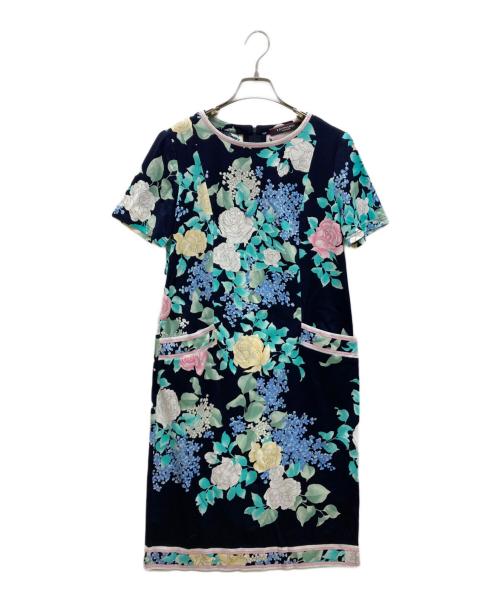 ★レオナール＊新品タグ付難あり！モノトーンの紫陽花柄クラシカル半袖ワンピース・Ｌ ☆レオナール＊新品タグ付難あり！モノトーンの紫陽花柄クラシカル半袖