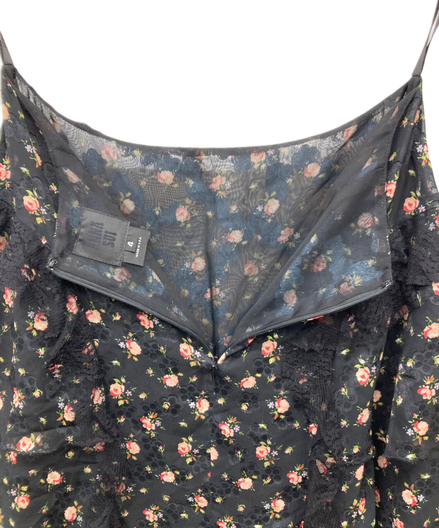 【USA製・絹100%】ANNA SUI アナスイ 花車柄 フリルスカート 2 中古・古着通販】ANNA SUI (アナスイ) 花柄フリルスカート ブラック