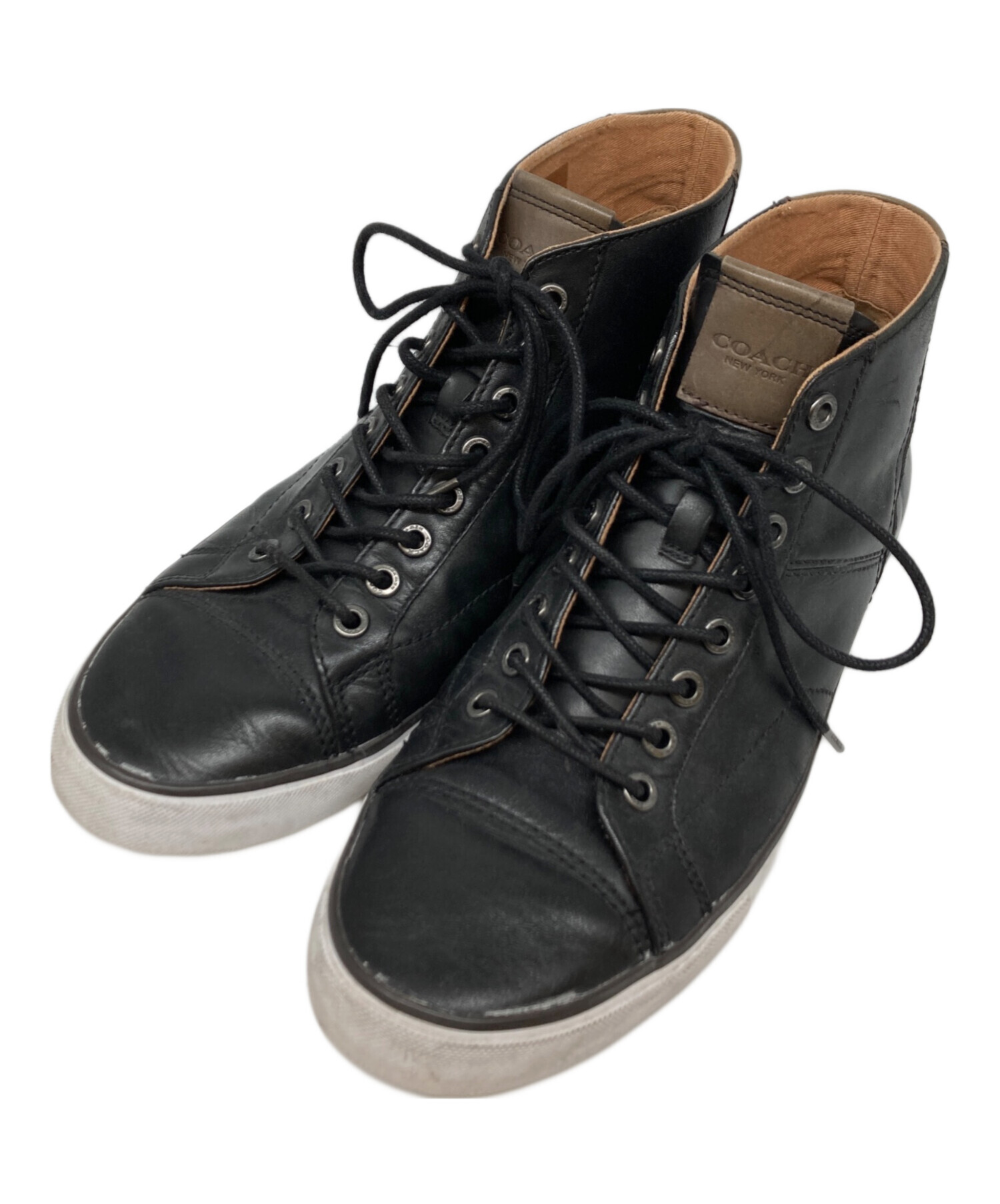 COACH ブラック ハイカットスニーカー 中古・古着通販】COACH (コーチ) レザーハイカットスニーカー ブラック