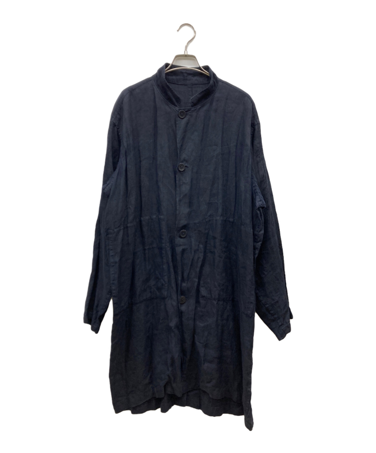 定価4.3万 Plantation リネンキャンバスコート チャイナ風 ネイビー 前立てプリント中華風トレンチコート（ ジャケット・アウター
