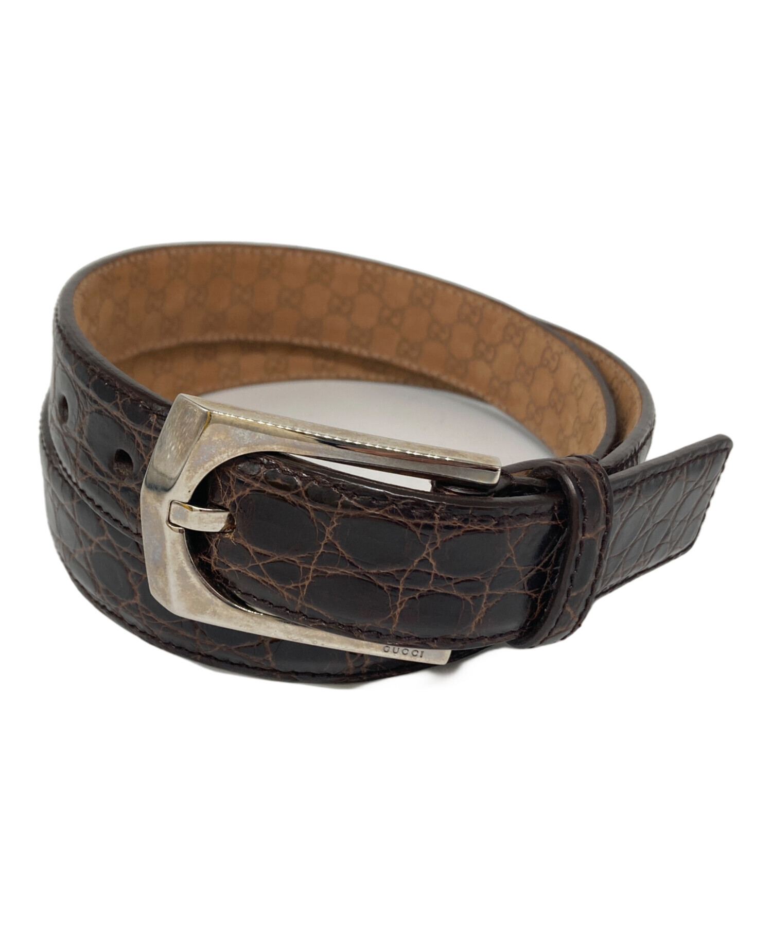 GUCCI ダークブラウン レザー ベルト 中古・古着通販】GUCCI (グッチ) 裏グッチシマ エンボスレザーベルト