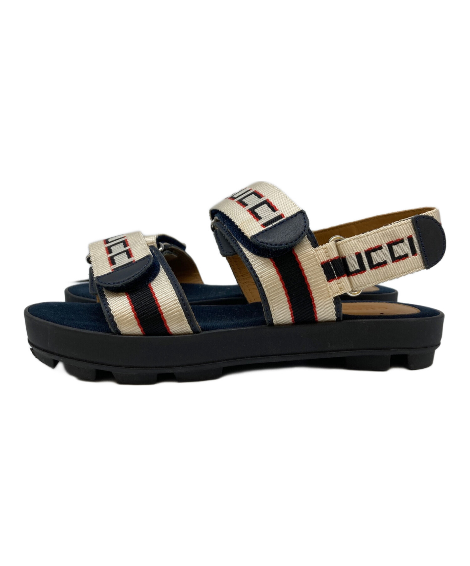 箱付き GUCCI グッチ サンダル 36 ビジュー レザー ベルクロ 23cm 中古・古着通販】GUCCI (グッチ) ベルクロサンダル ネイビー サイズ:34