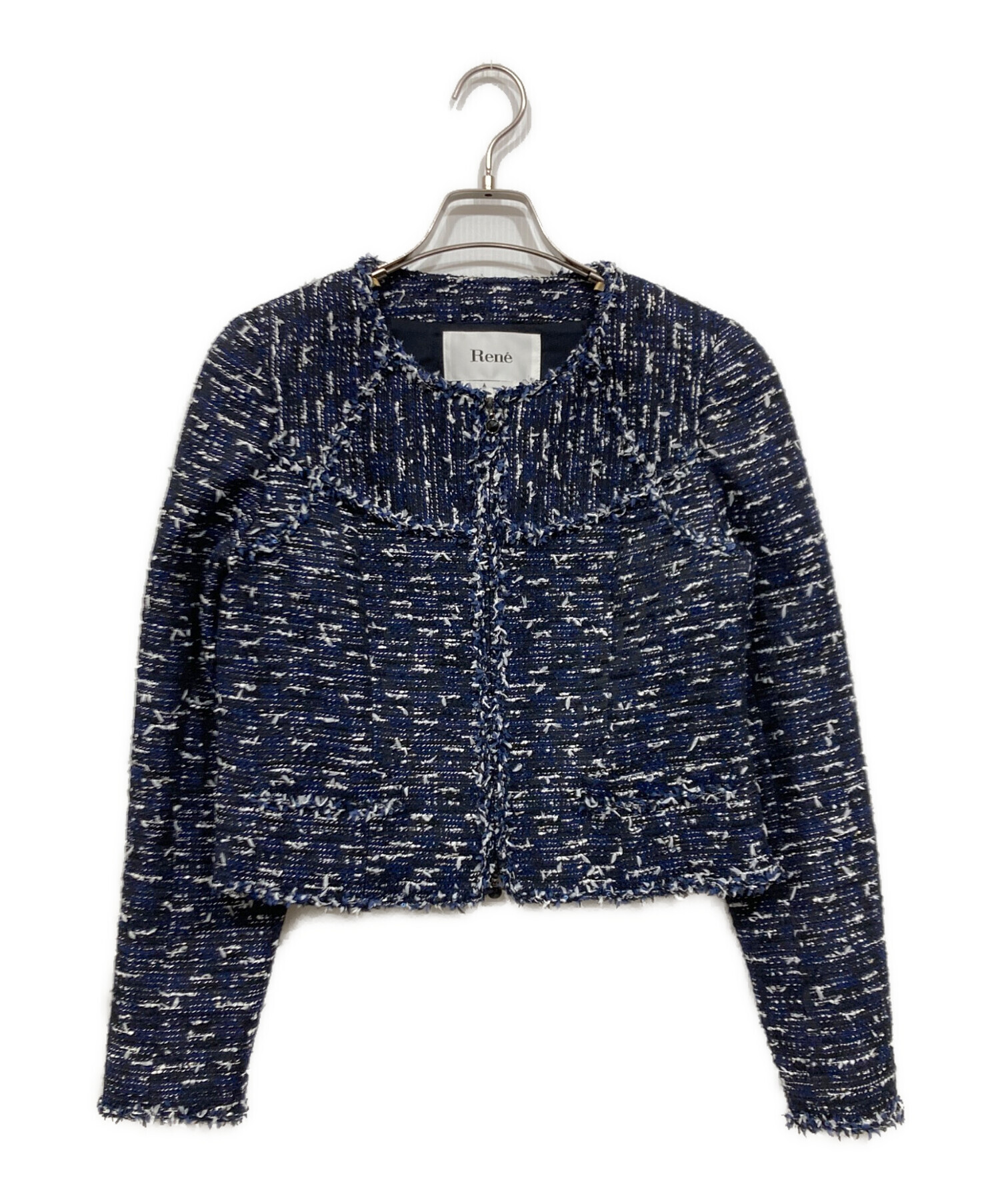 新品同様！Rene ツイード　ジャケット 中古・古着通販】Rene (ルネ) ノーカラーツイードジャケット ネイビー