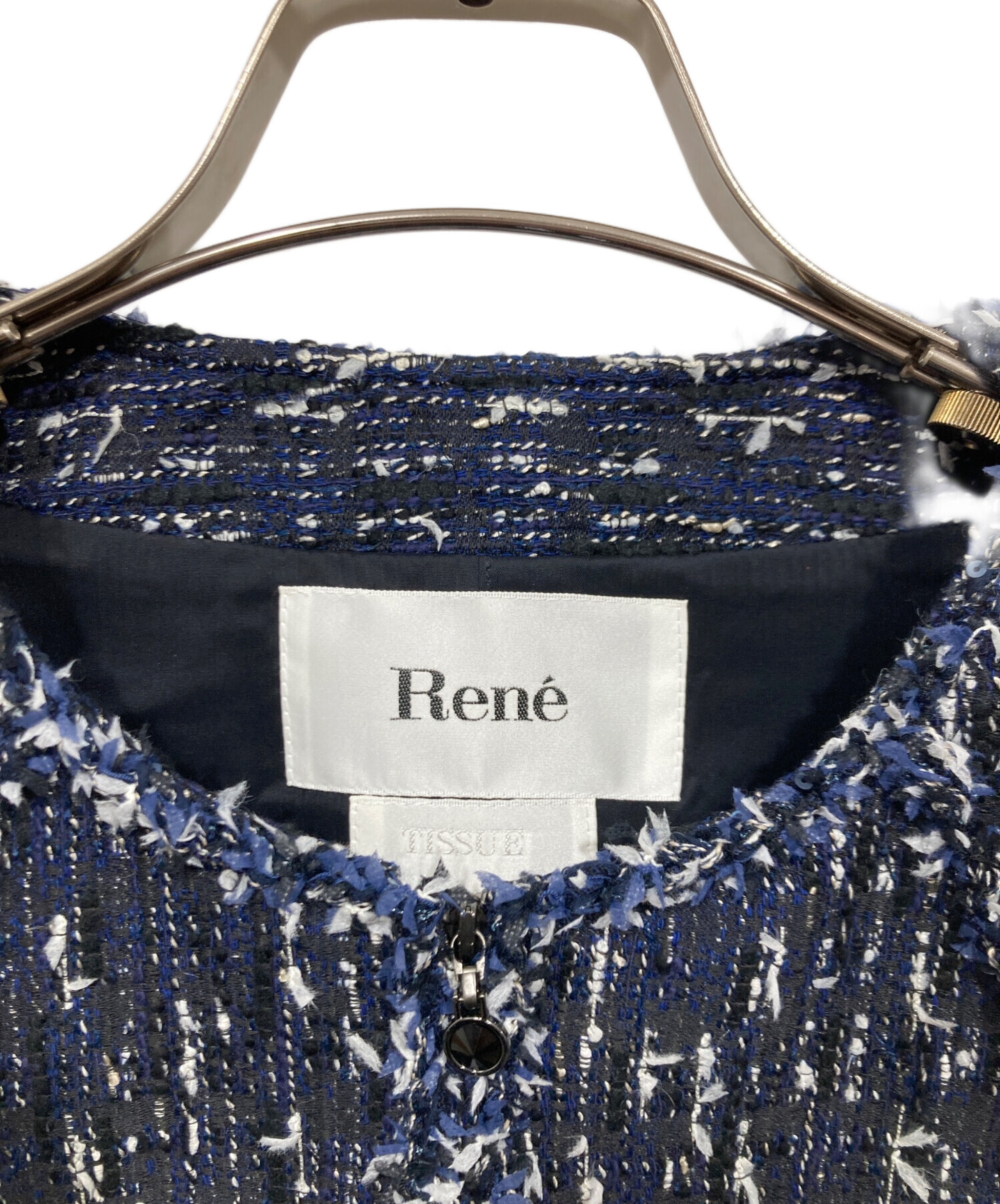 中古・古着通販】Rene (ルネ) ノーカラーツイードジャケット ネイビー