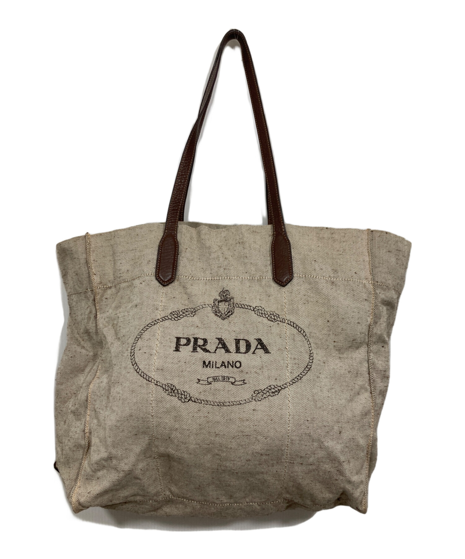 PRADA ベージュ トートバッグ 中古・古着通販】PRADA (プラダ) ロゴトートバッグ ベージュ｜ブランド