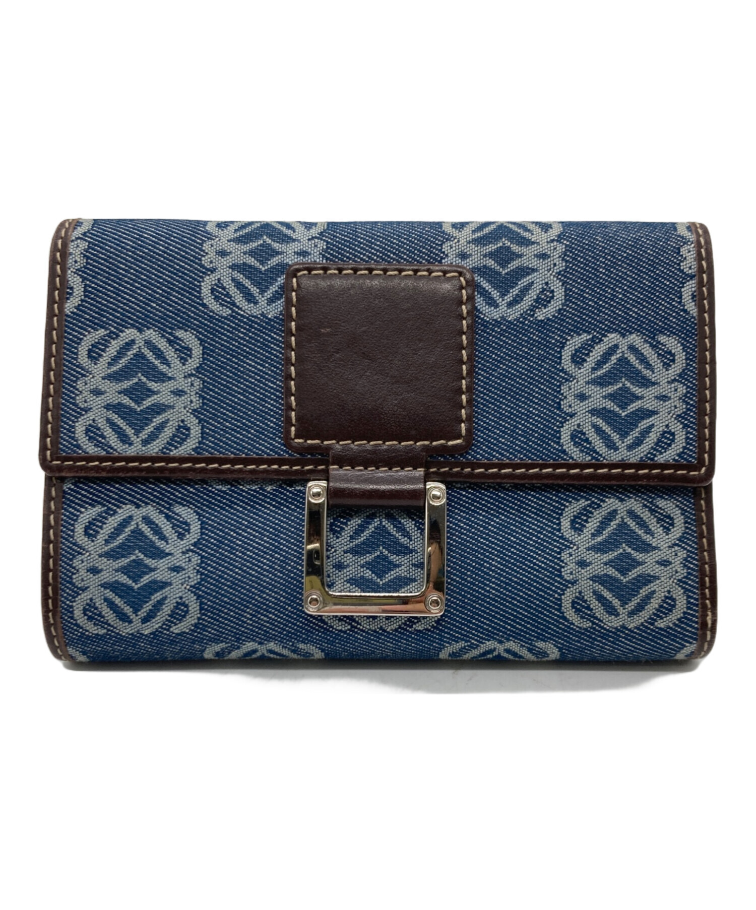 美品 LOEWE レザー 折り財布 アナグラム ホック ファスナー ネイビー 紺 中古・古着通販】LOEWE (ロエベ) アナグラム3つ折り財布 ブルー