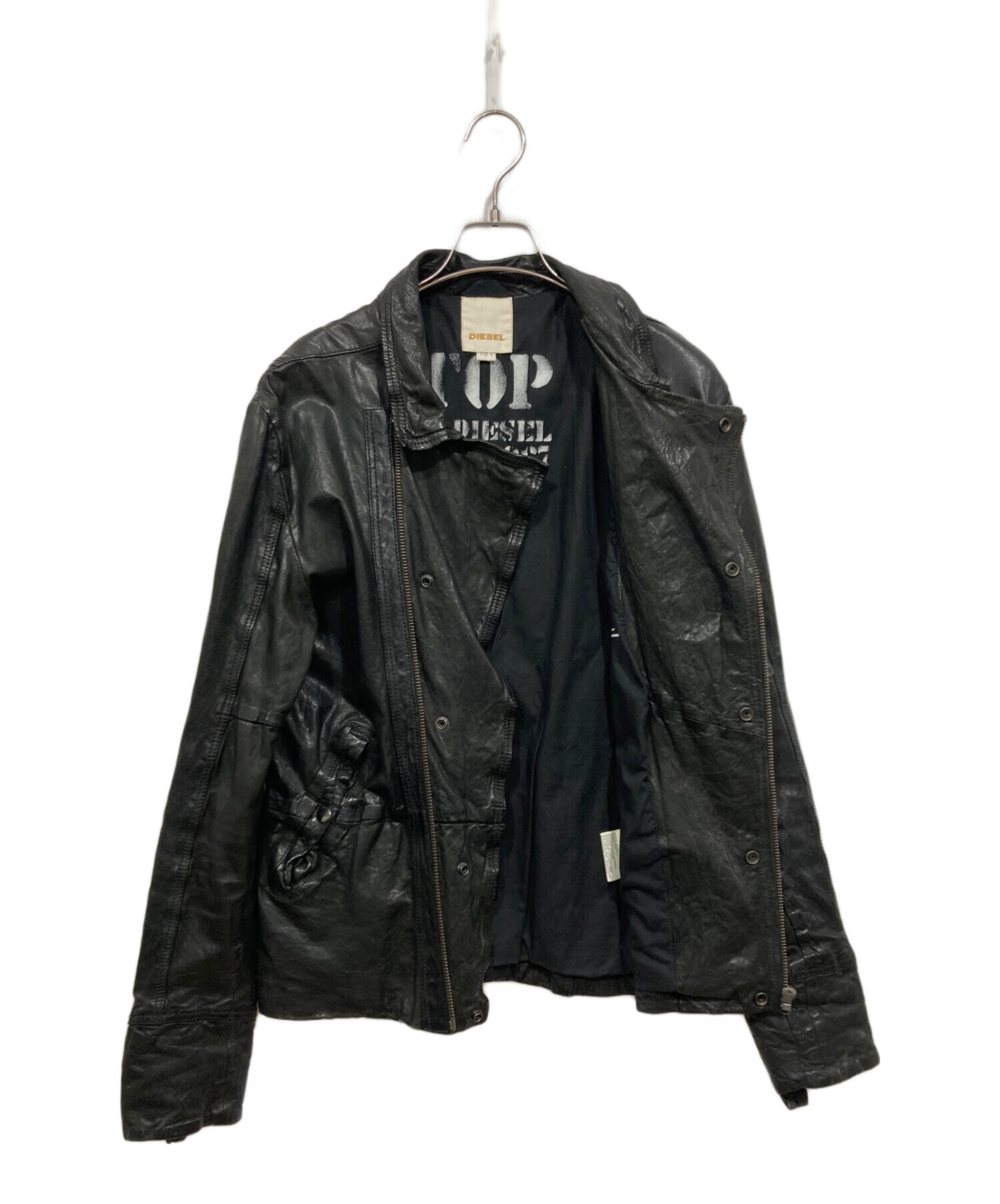 【美品】ディーゼル シングル ライダースジャケット ラムレザー XS ブラック 中古・古着通販】DIESEL (ディーゼル) ラムレザーライダースジャケット