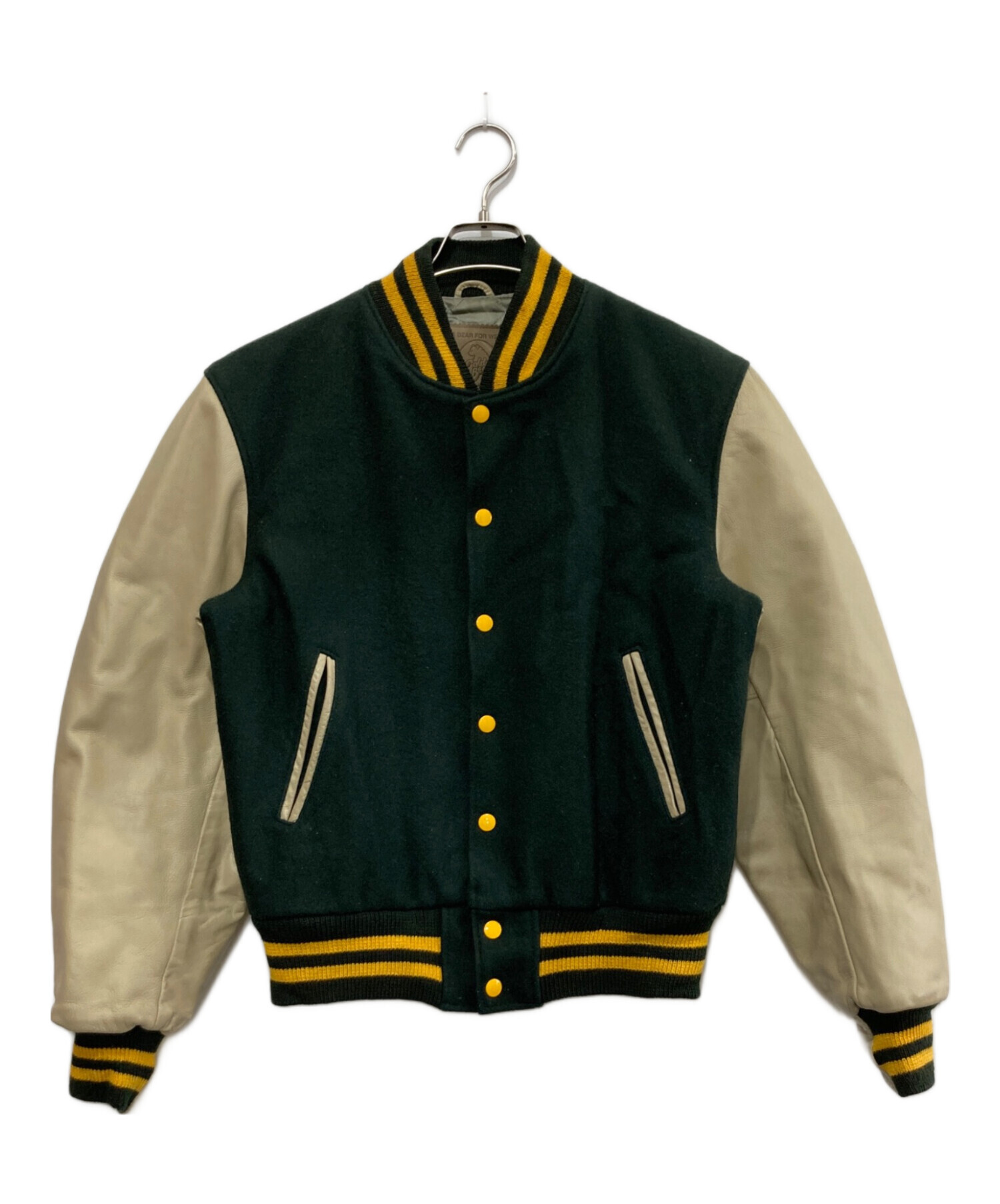 ゴールデンベア スタジャン 袖レザー 無地 L 本革 グリーン 緑 中古・古着通販】Golden Bear (ゴールデンベア) 袖レザースタジャン