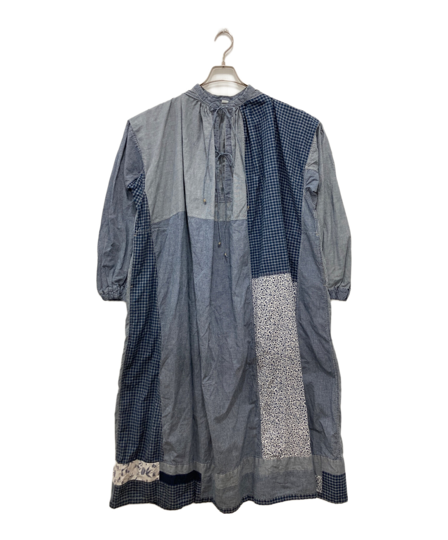 美品✨45R インディゴ 全員集合のスモック ドレス インディゴ　パッチワーク 45R☆インディゴパッチワークのスモックドレス